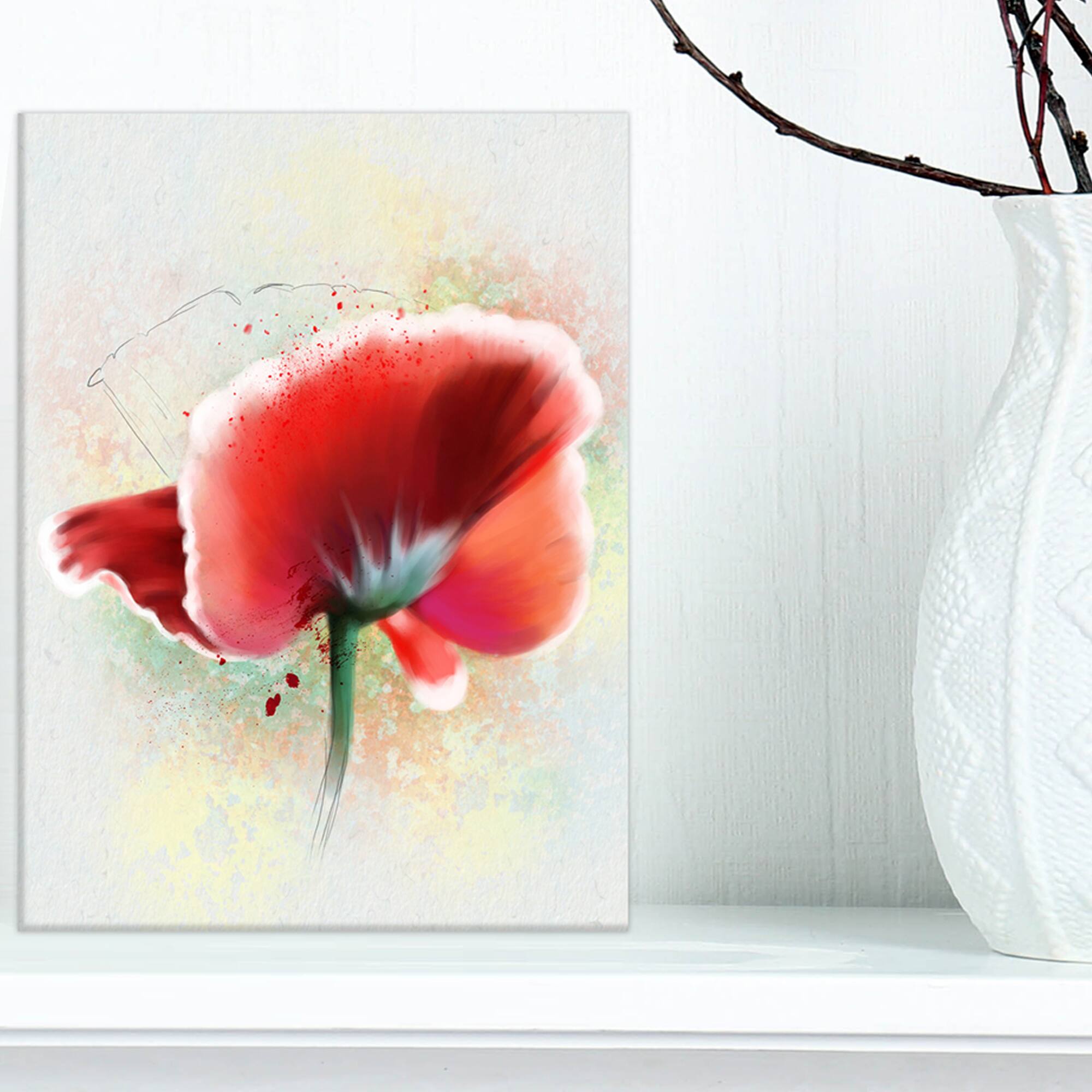 Designart - Beautiful Red Watercolor Poppy - Flowers Canvas Wall Artwork