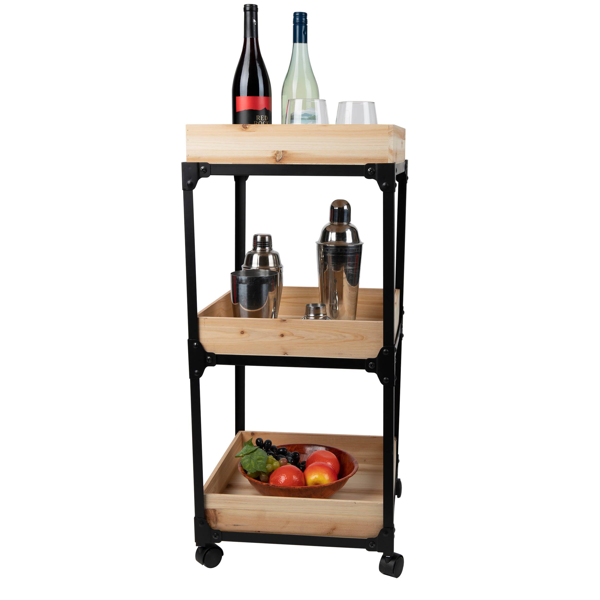 Mind Reader 3-Tier Black Metal Rolling Organizer with Wooden Baskets