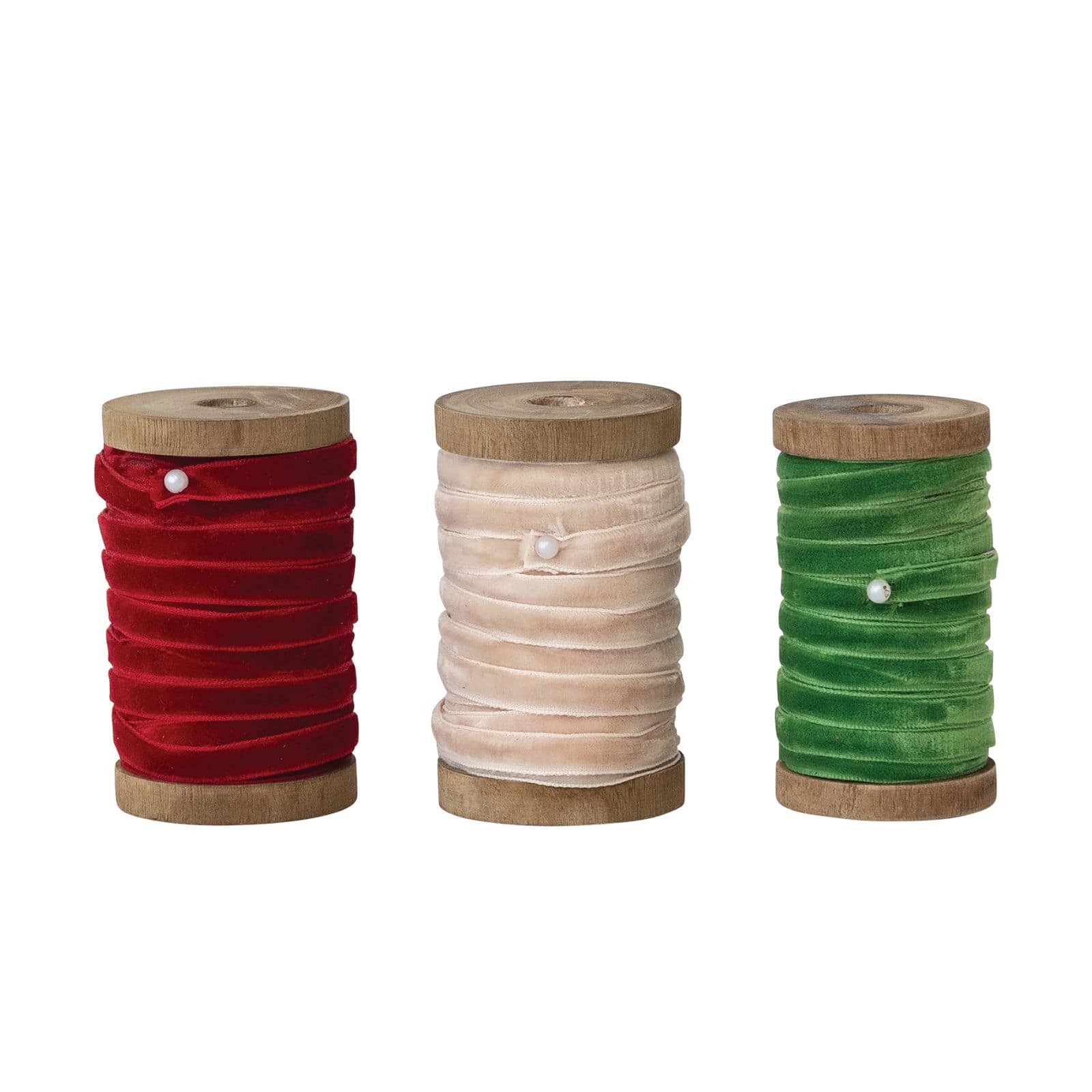 Hello Honey® Velvet Ribbon on Mango Wood Spool Set, Red, Beige, and Green