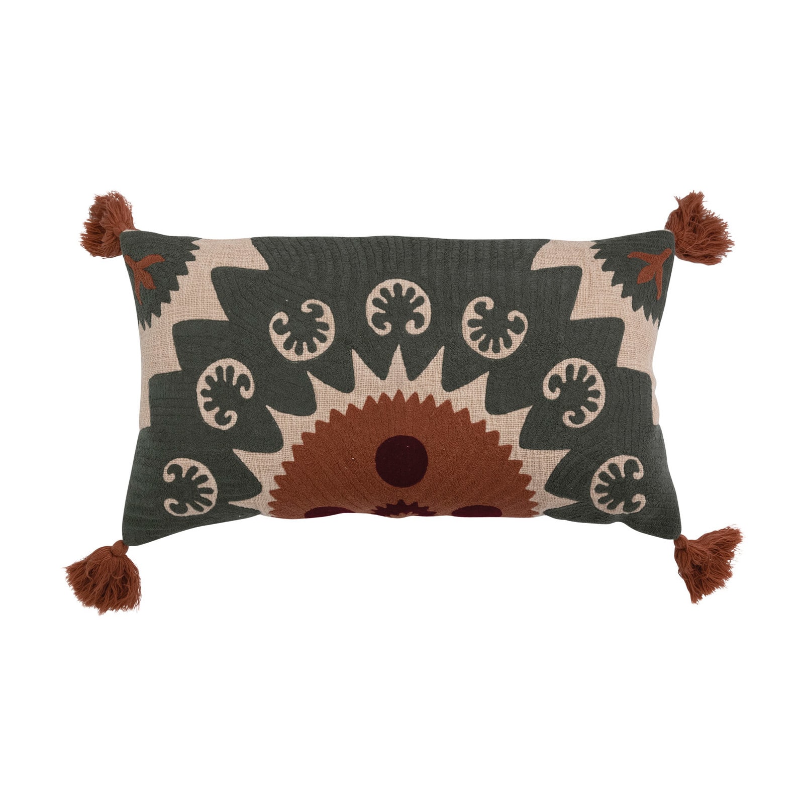 Lumbar Pillow with Embroidered Pattern & Tassels