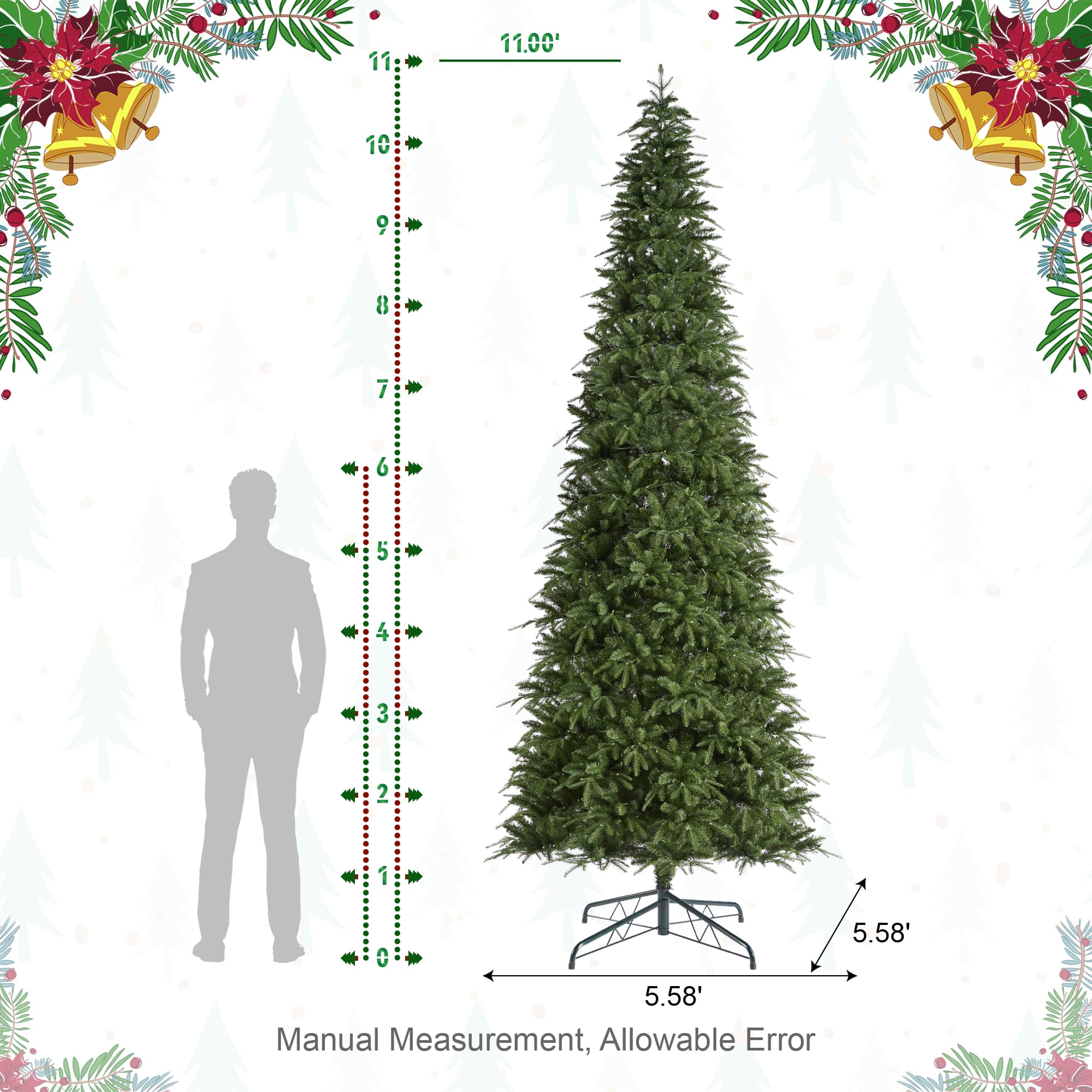 Glitzhome&#xAE; 11ft Pre-Lit Green Slim Fir Artificial Christmas Tree, Multicolor LED Lights