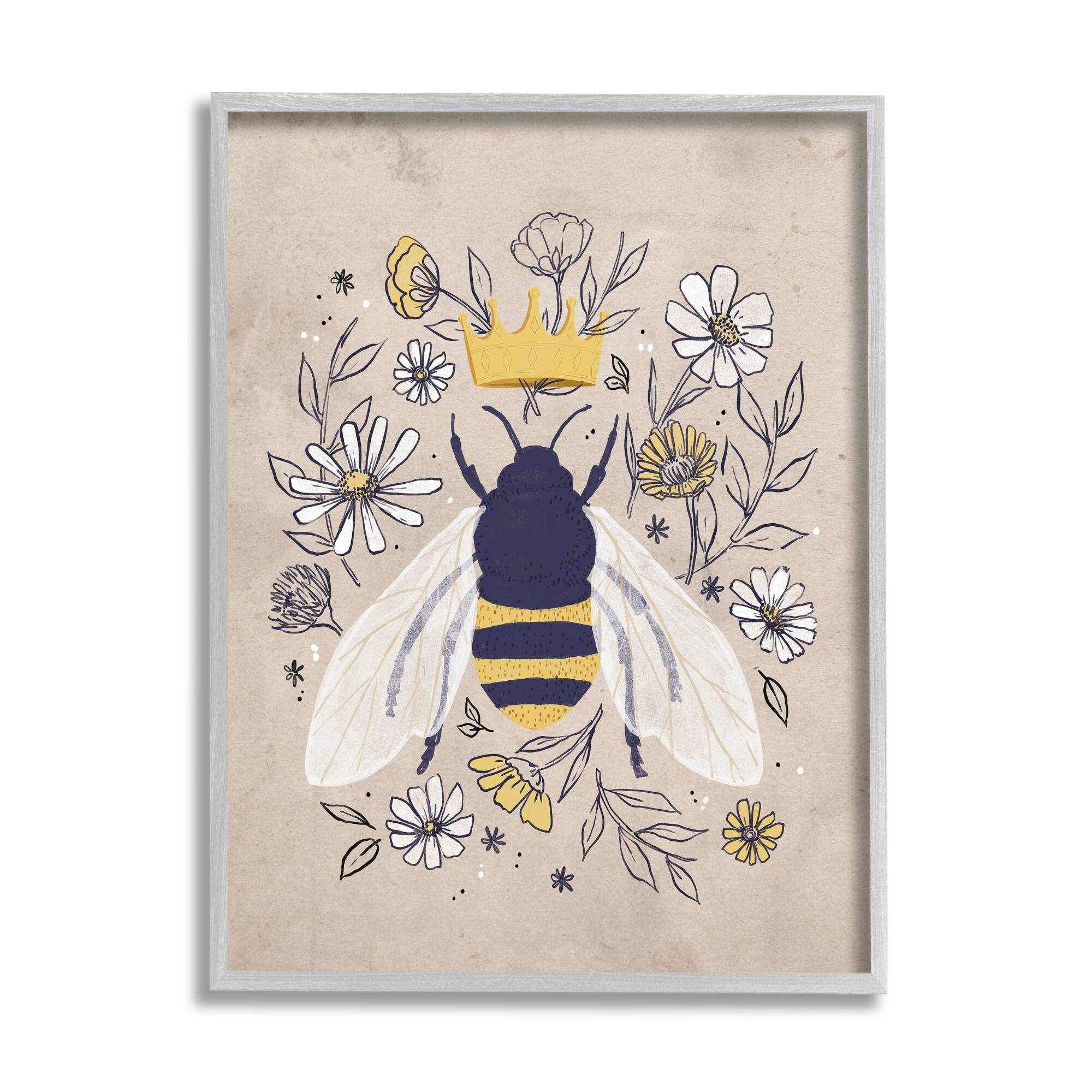 Stupell Industries Queen Bee with Crown Yellow White Daisy Florals in Gray Frame Wall Art