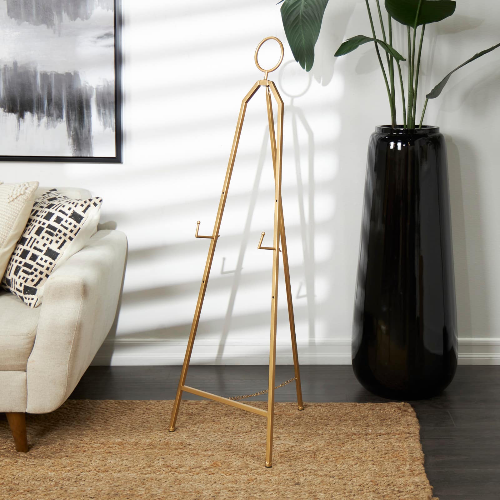 51.5&#x22; Gold Metal Adjustable Minimalistic Floor Easel with Circular Ring Top