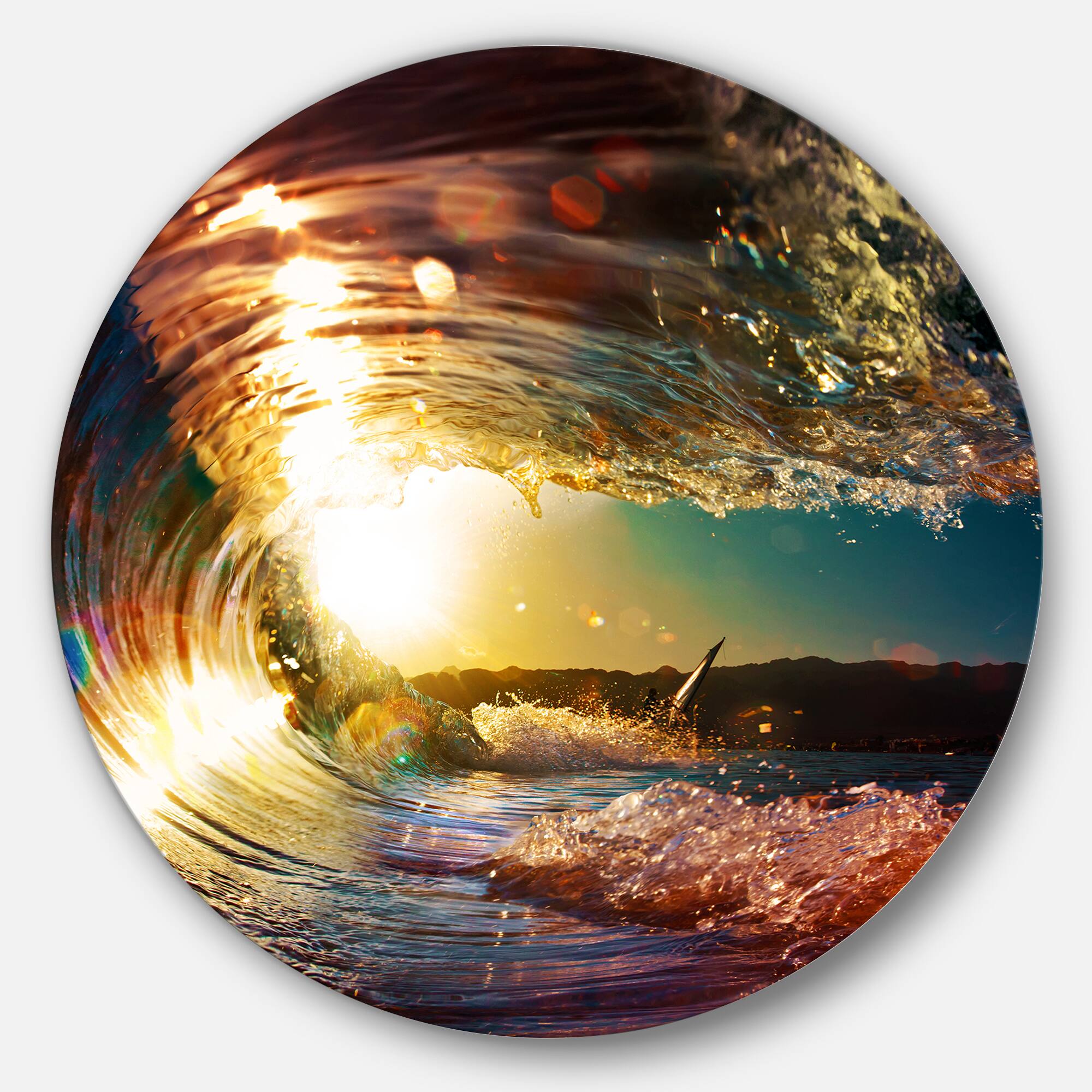 Designart - Colored Ocean Waves Falling Down III - Modern Seashore Round Circle Metal Wall Decor