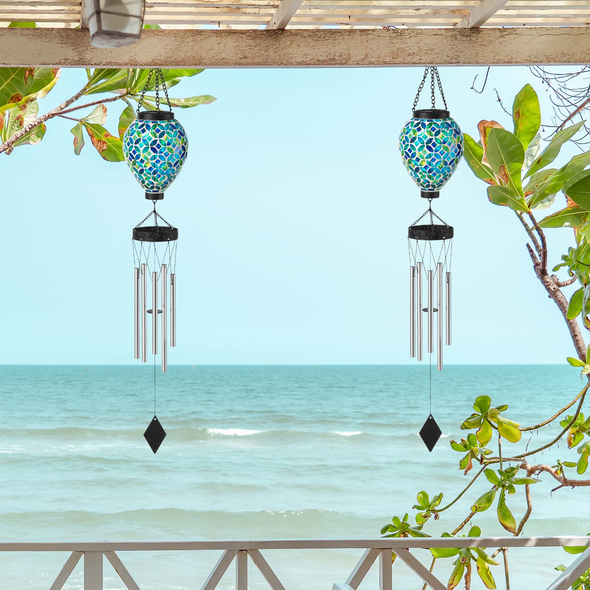 Glitzhome® 37" Blue & Green Solar Lighted Metal & Glass Mosaic Windchime