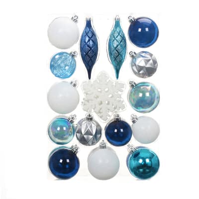 40ct. Silver, White & Blue Shatterproof Christmas Ornament Set by ...
