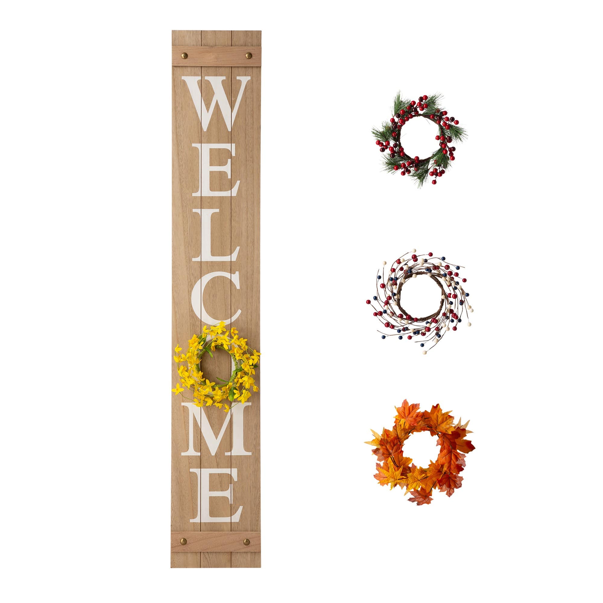 Glitzhome 60&#x22;H Wooden Brown &#x22;WELCOME&#x22; Porch Sign with 4 Changable Wreaths