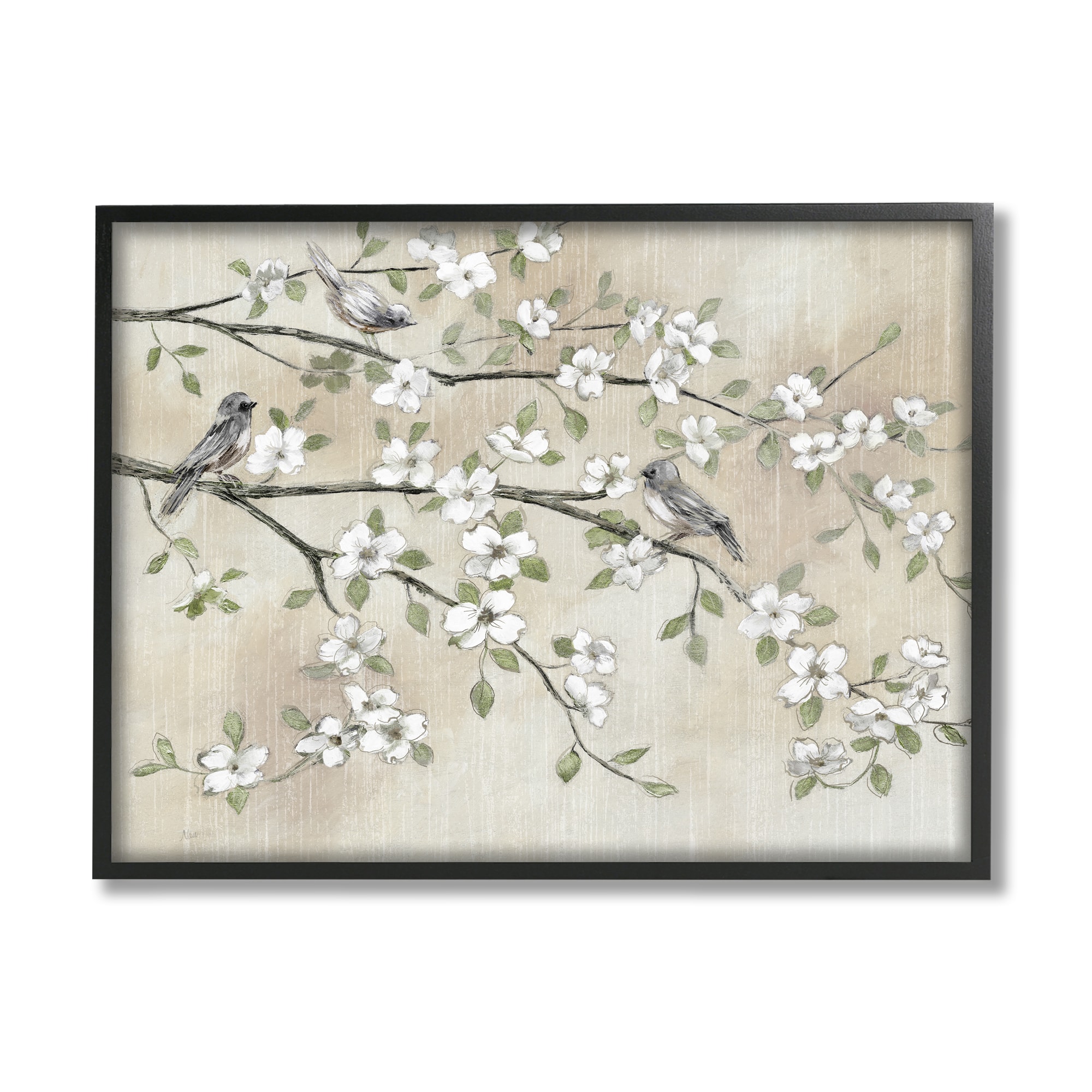 Stupell Industries Traditional White Cherry Blossom Birds Framed Giclee Art