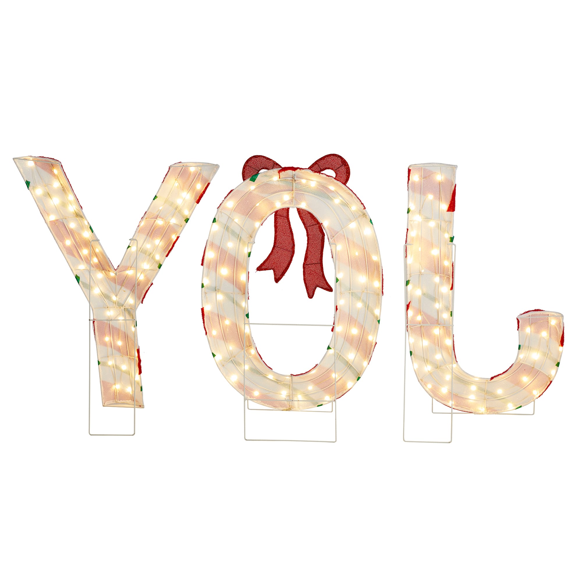 Glitzhome&#xAE; 70.75&#x22;L Lighted Christmas 2.5D Fabric Peppermint JOY Outdoor Decor Set