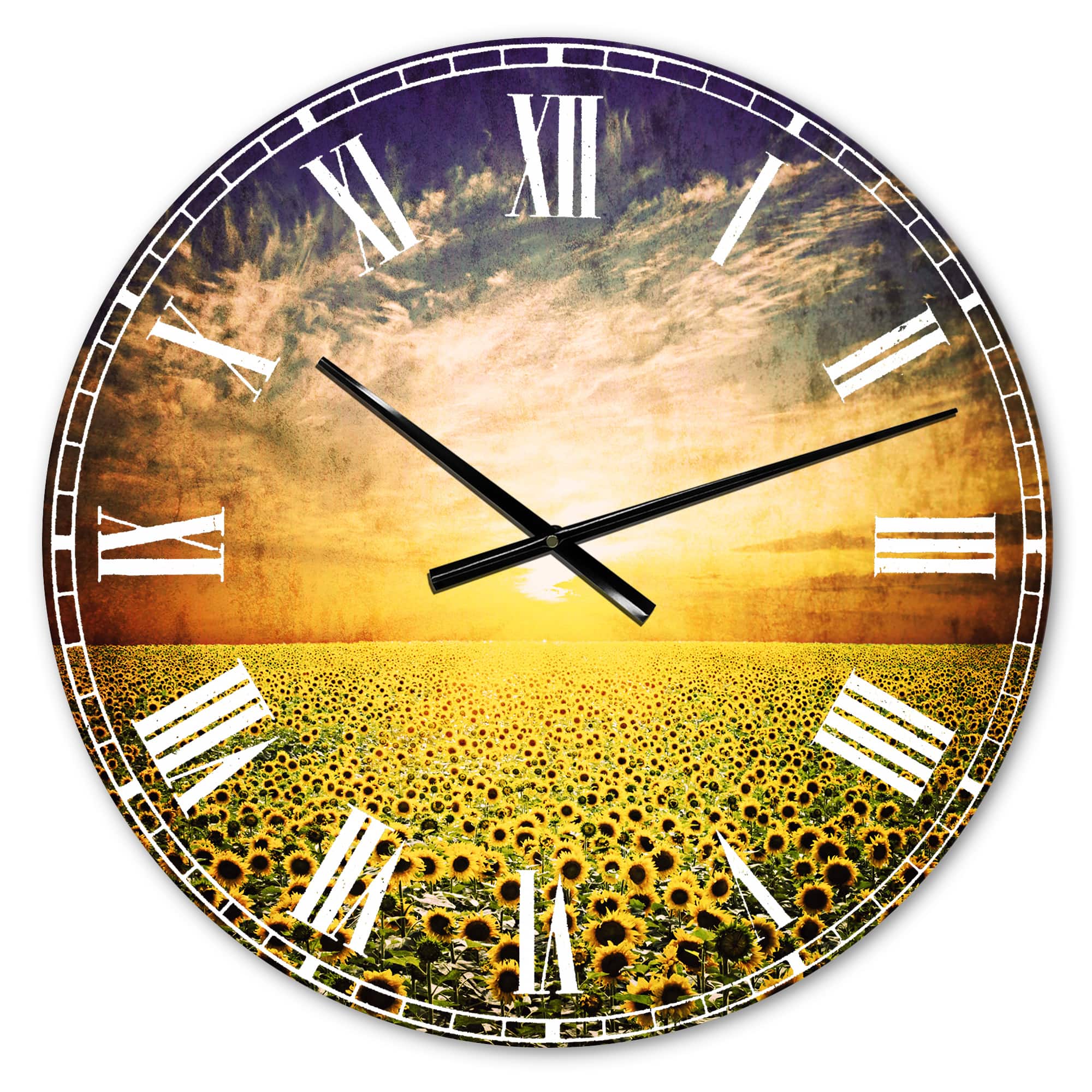 Designart 'Beauty Sunset Over Sunflowers Field Modern Wall Clock