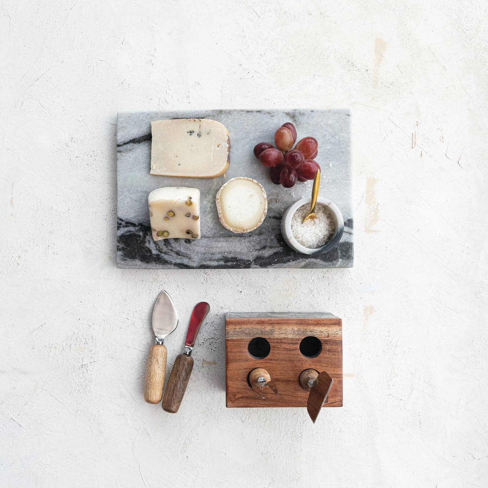 Hello Honey Black Marble Cheese Server Set with Mango Wood Stand