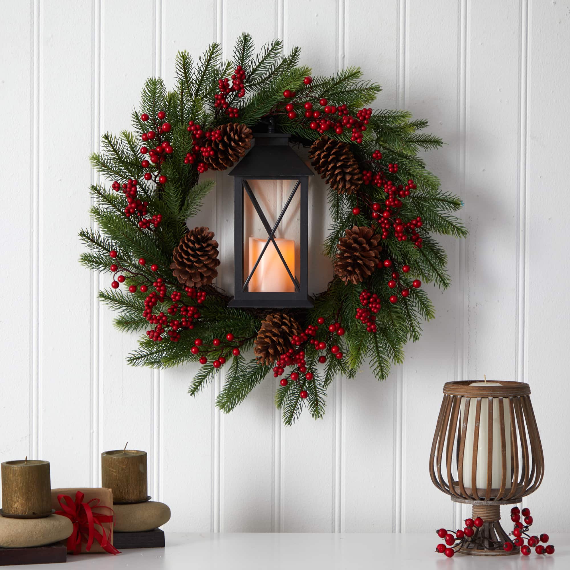 28" Berries & Pine Christmas Wreath with Lantern & Included LED Candle