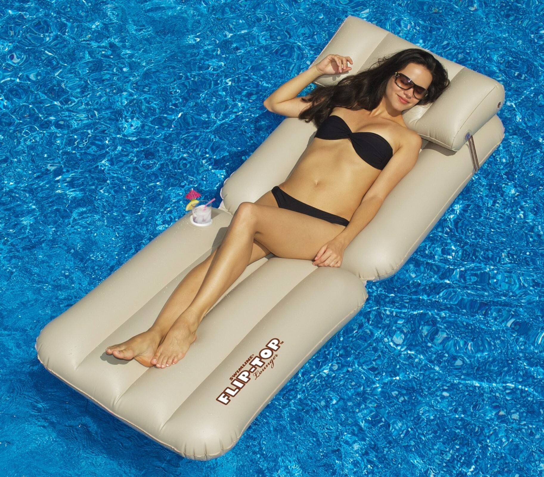 88&#x22; Inflatable Beige Adjustable Flip-Top Swimming Pool Lounger Raft