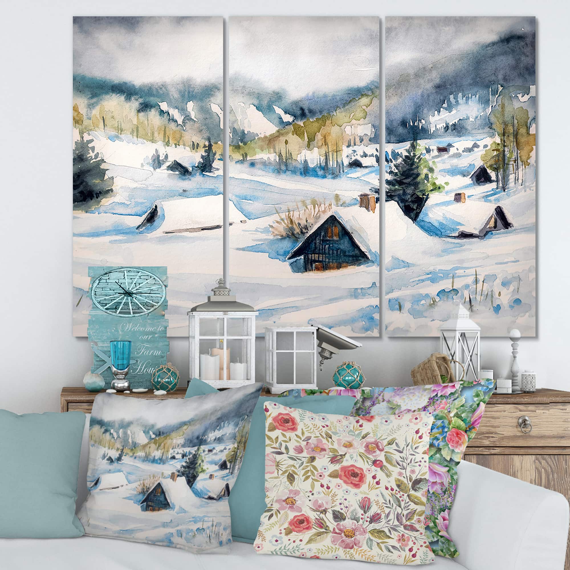 Designart - Mountain Village In Winter - Traditional Canvas Wall Art Print