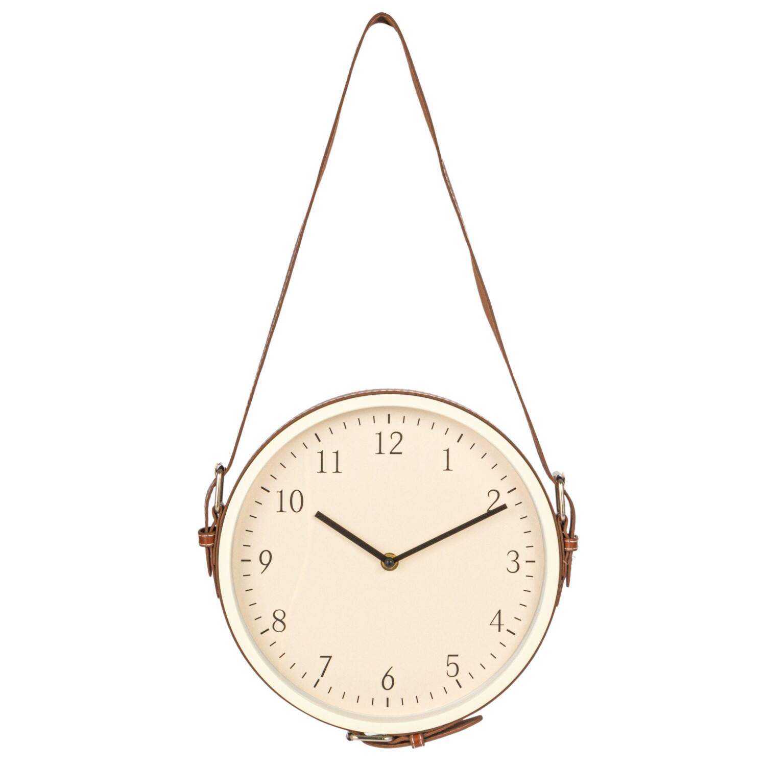 Hello Honey® White & Brown Plastic Hanging Wall Clock with Leather Strap