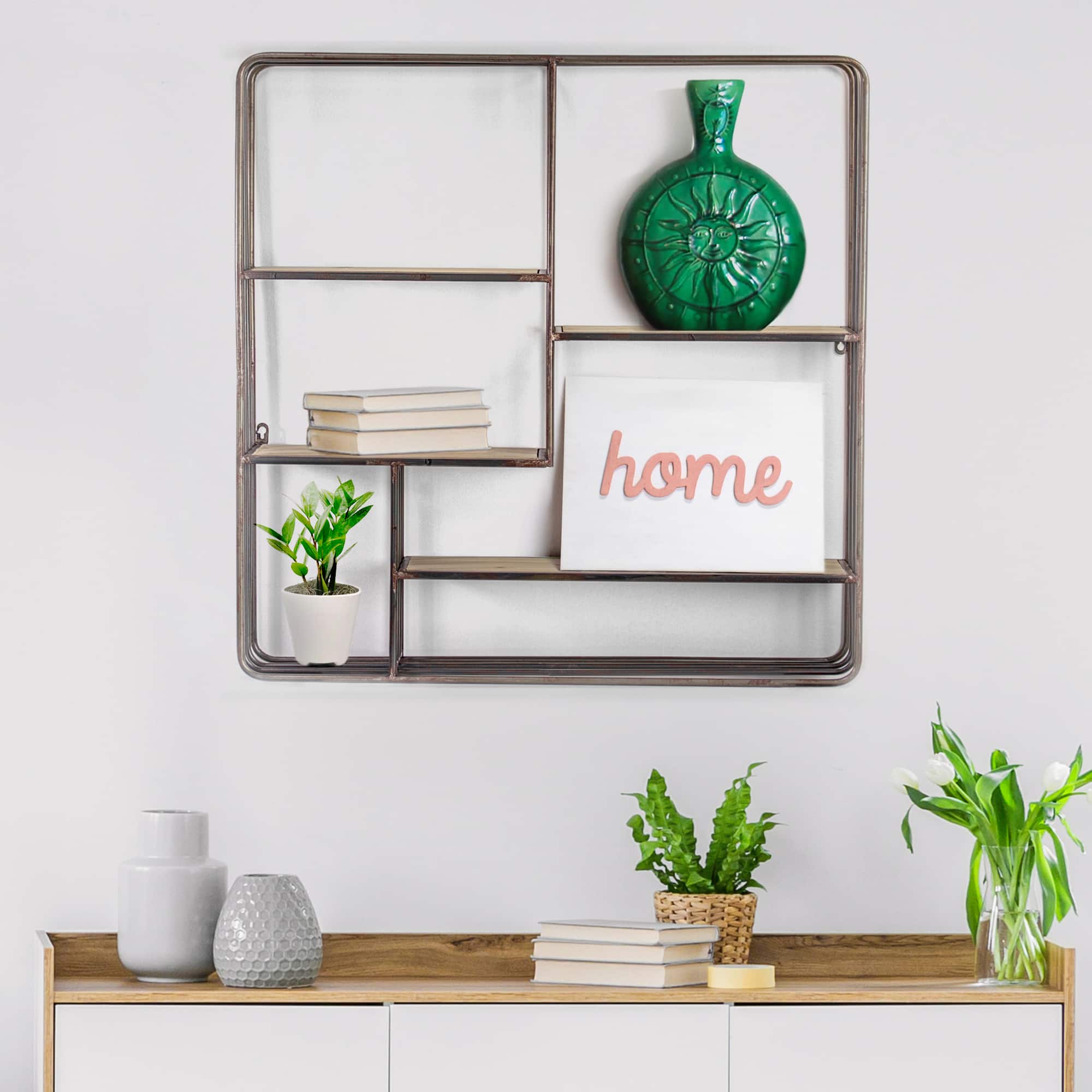 Rustic Wood & Metal Multi-Unit Hanging Wall Shelf