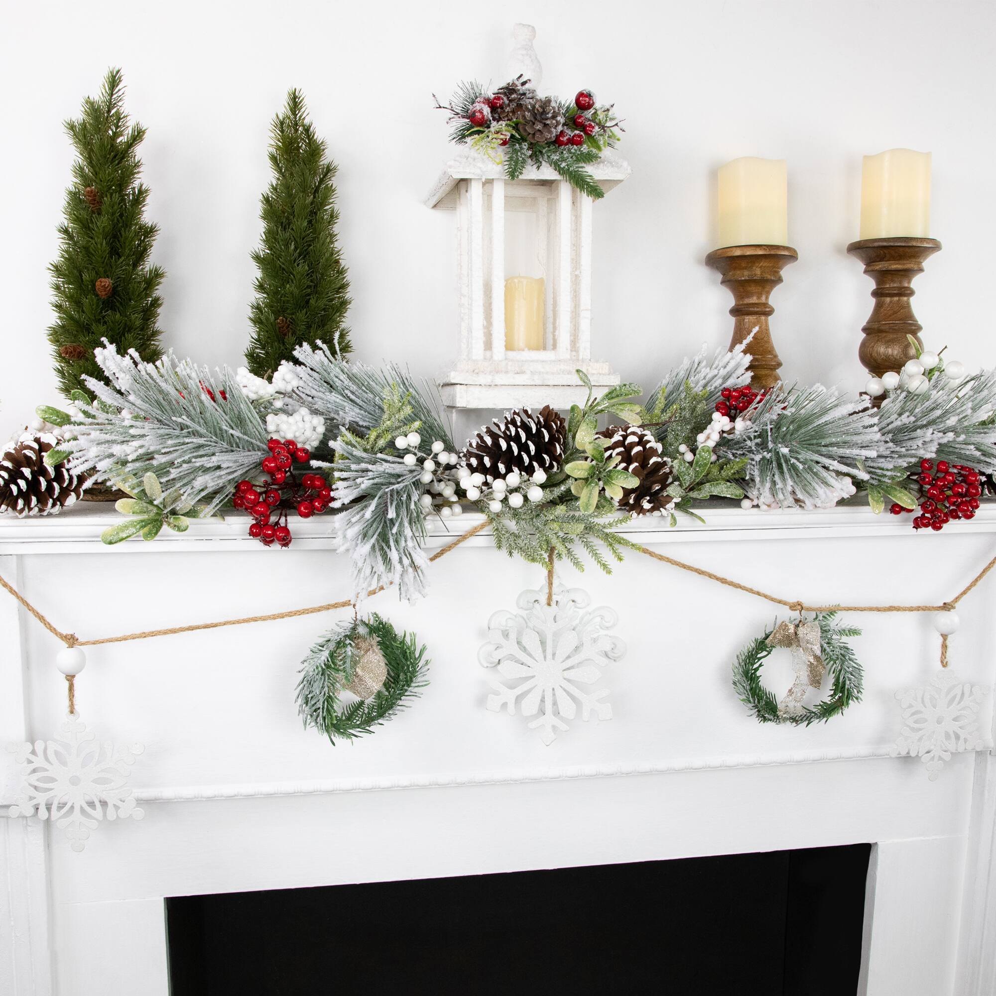 4.75ft. Snowflake & Frosted Pine with Wooden Beads Christmas Garland