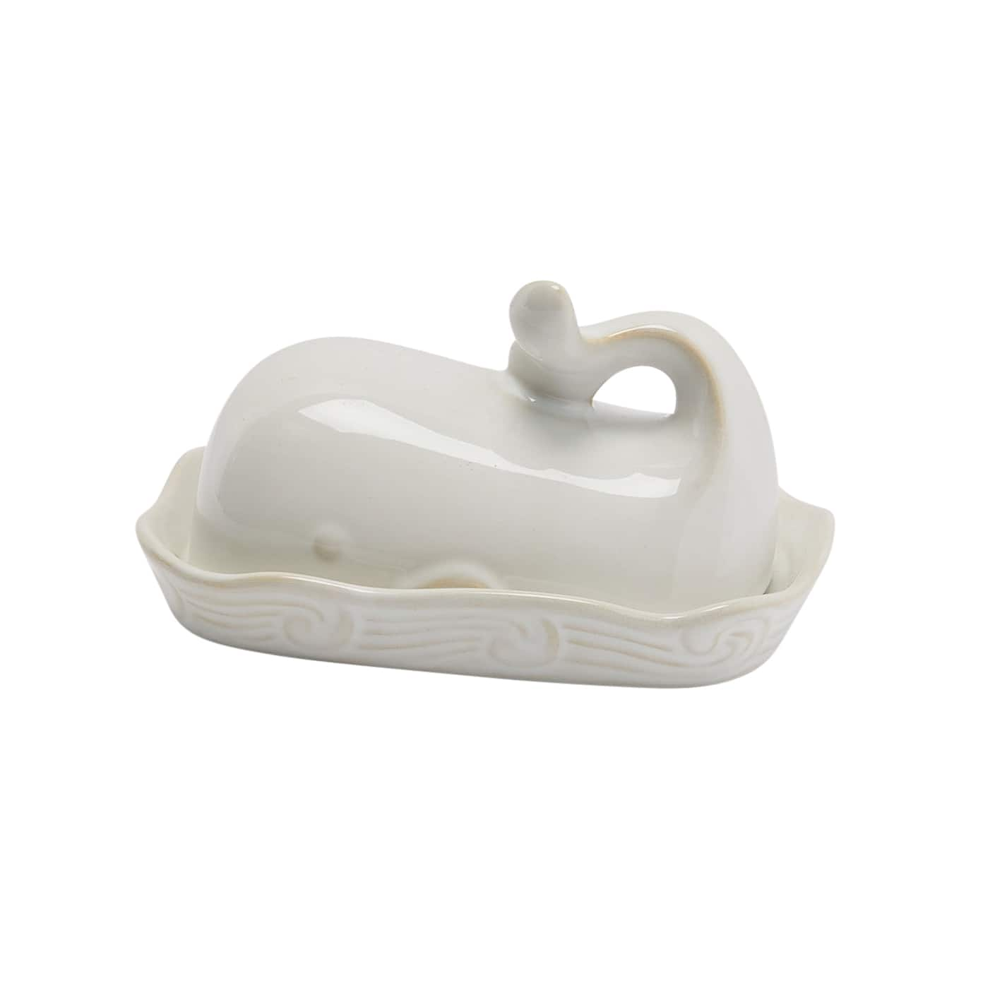 7&#x22; White Coastal Stoneware Whale Shaped Butter Dish