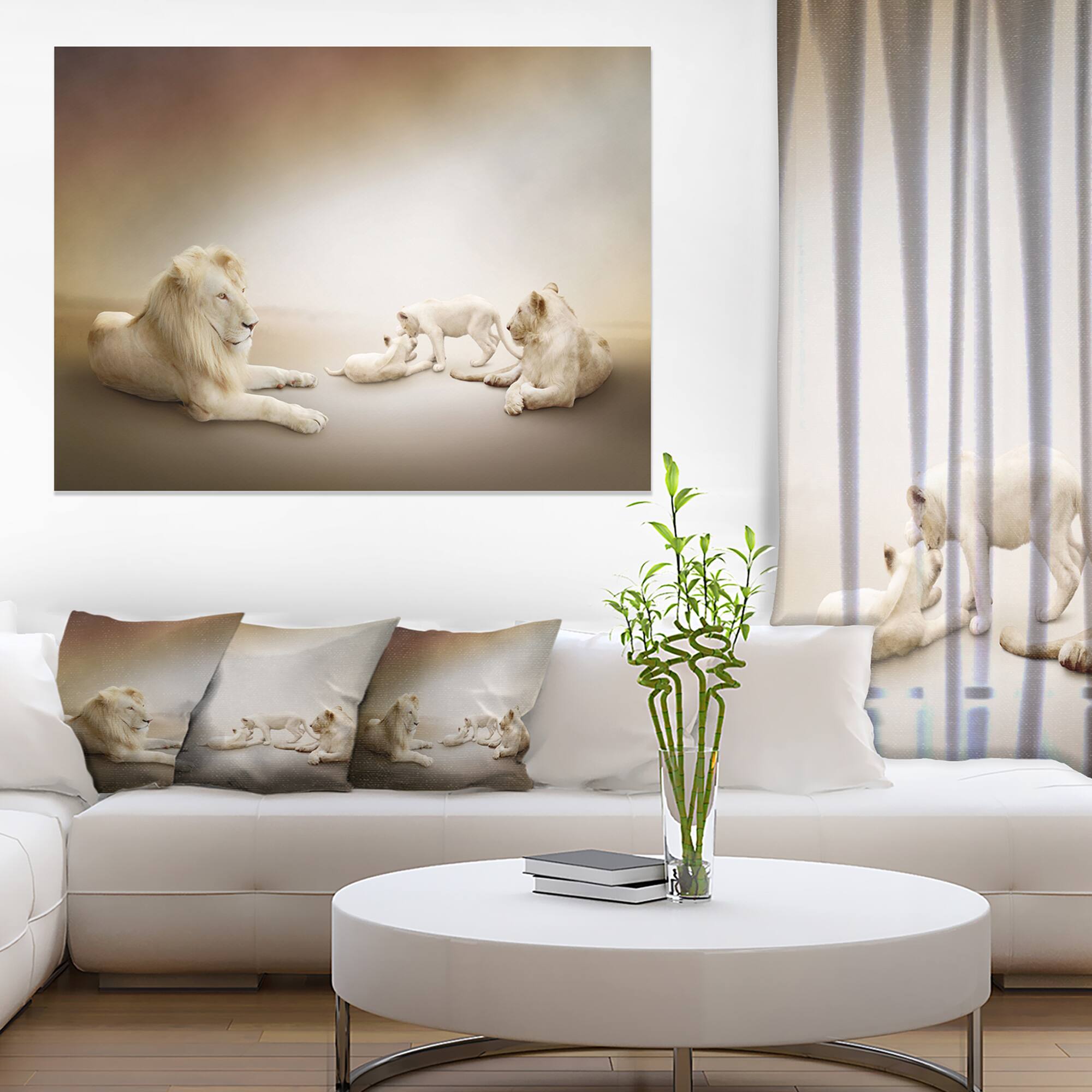Designart - White Lion Family - Animal Canvas Wall Art