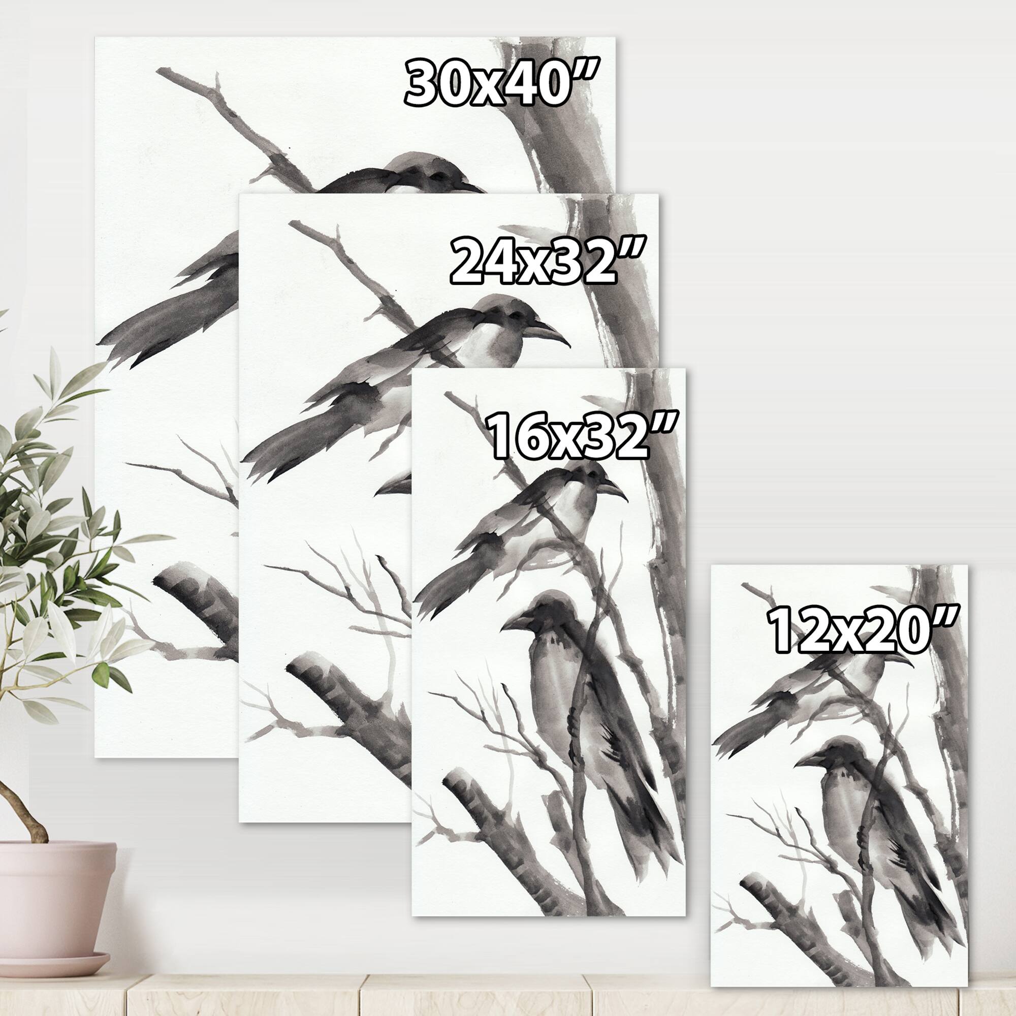 Designart - Vintage Monochrome Sleeping Crows - Traditional Canvas Wall Art Print