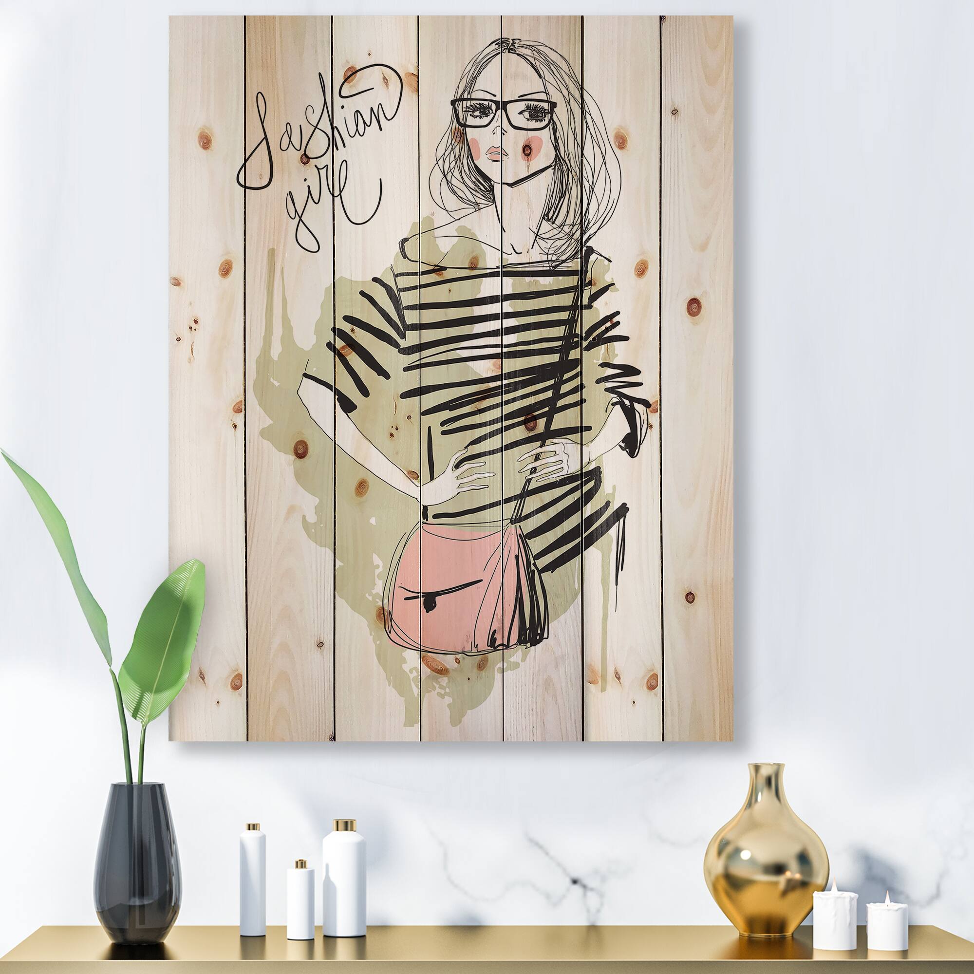 Designart - Trendy Fashion Girl - Shabby Chic Print on Natural Pine Wood