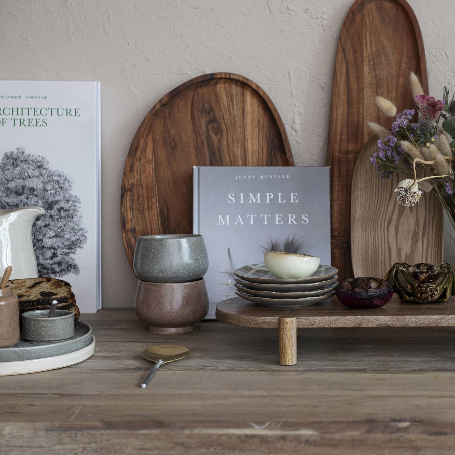 Matte Gray Stoneware Serving Plate with Dish Set