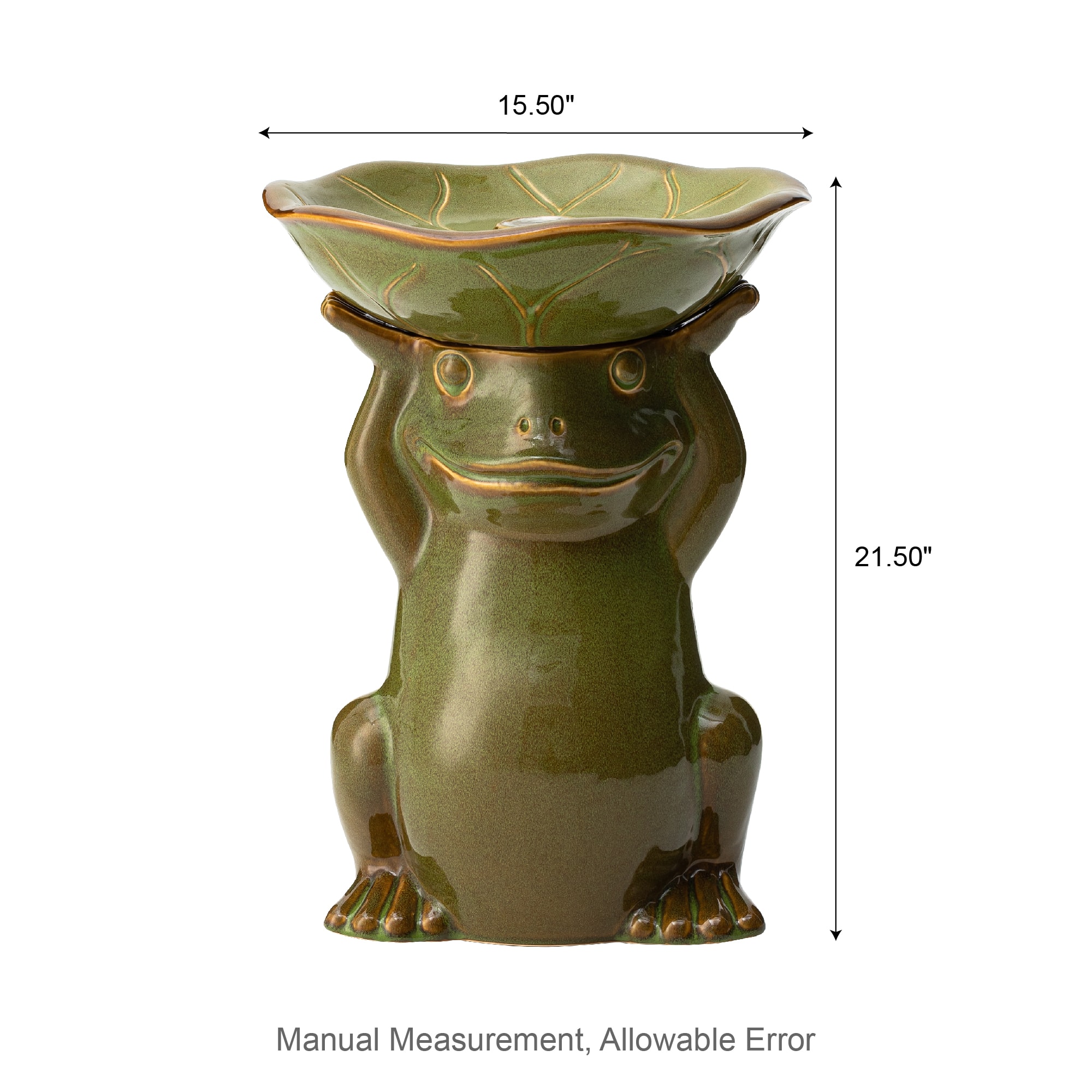 Glitzhome&#xAE; 21.5&#x22; LED Olive Green Frog Holding Lotus Birdbath Ceramic Outdoor Floor Fountain