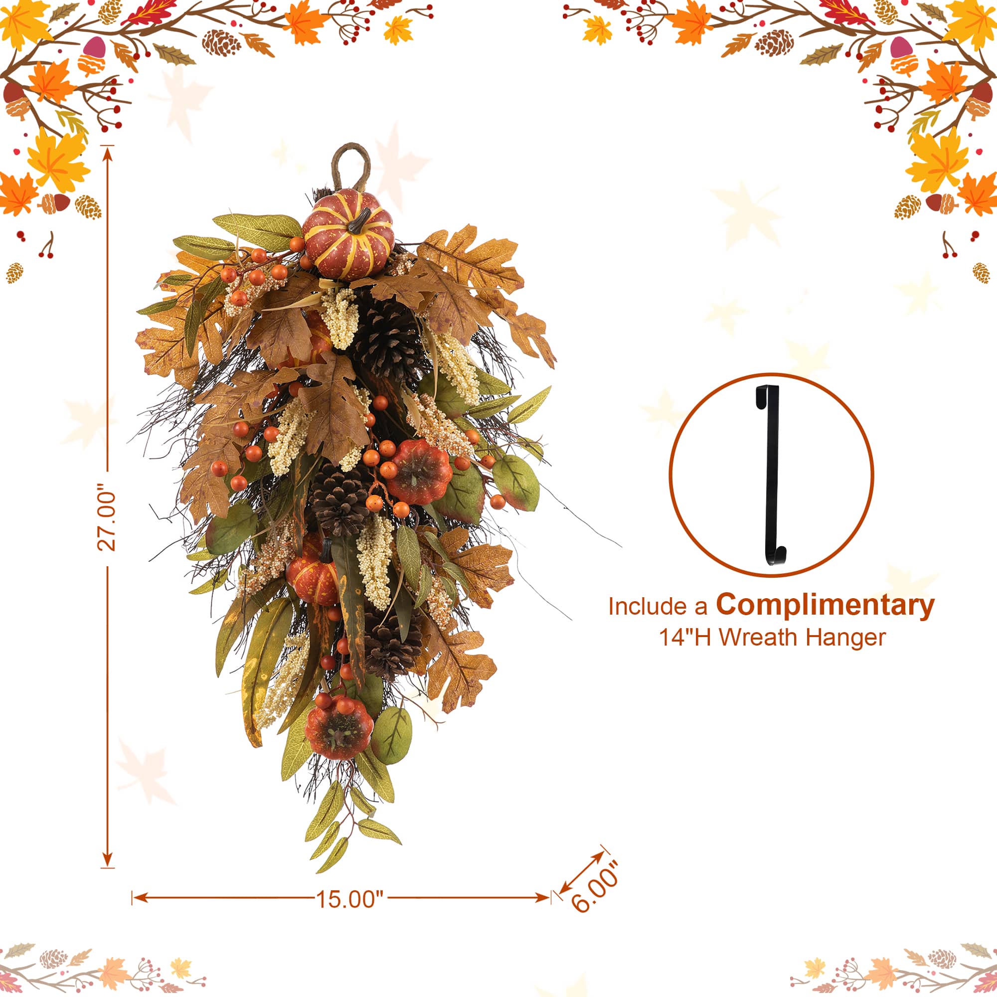 Glitzhome&#xAE; 27&#x22; Fall Pumpkin Leaf Swag