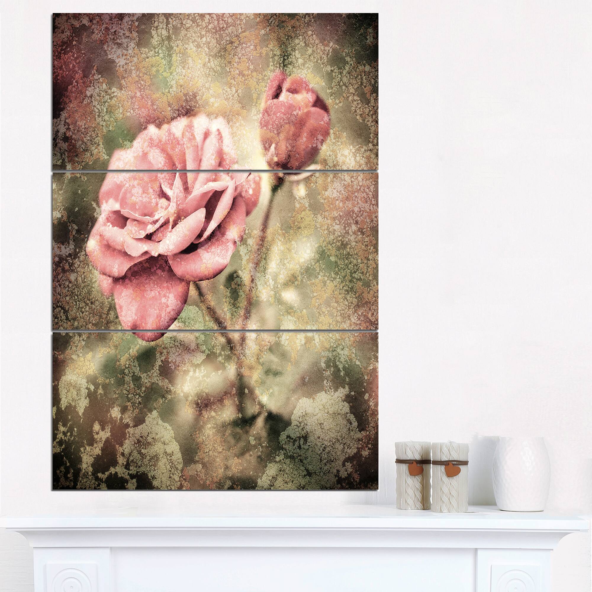 Designart - Vintage Pink Roses with Water Drops - Floral Art Canvas Print