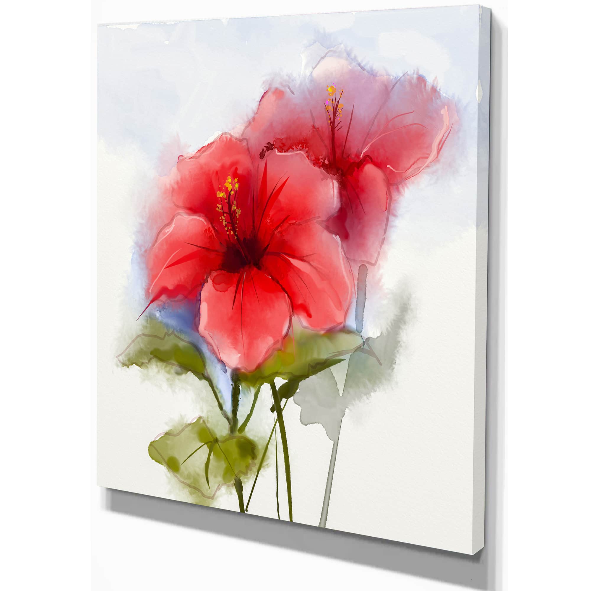 Designart - Watercolor Painting Red Hibiscus Flower - Large Floral Canvas Art Print