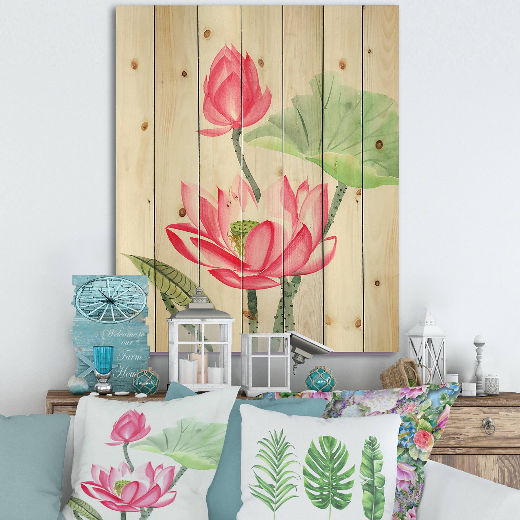 Designart - Vintage Pink Lotus Flower - Traditional Print on Natural Pine Wood