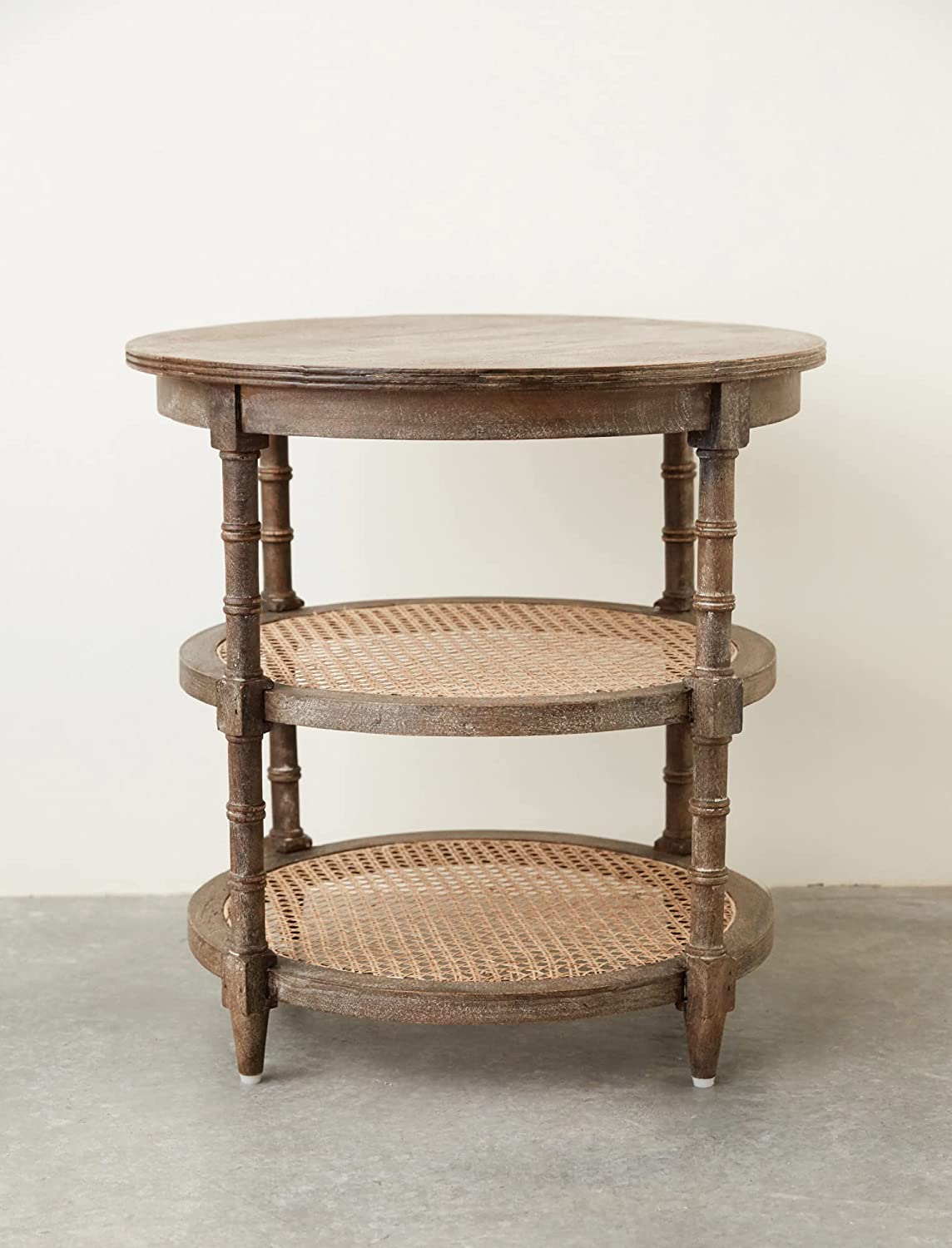 24&#x22; Round Solid Wood End Table with 2 Woven Cane Shelves