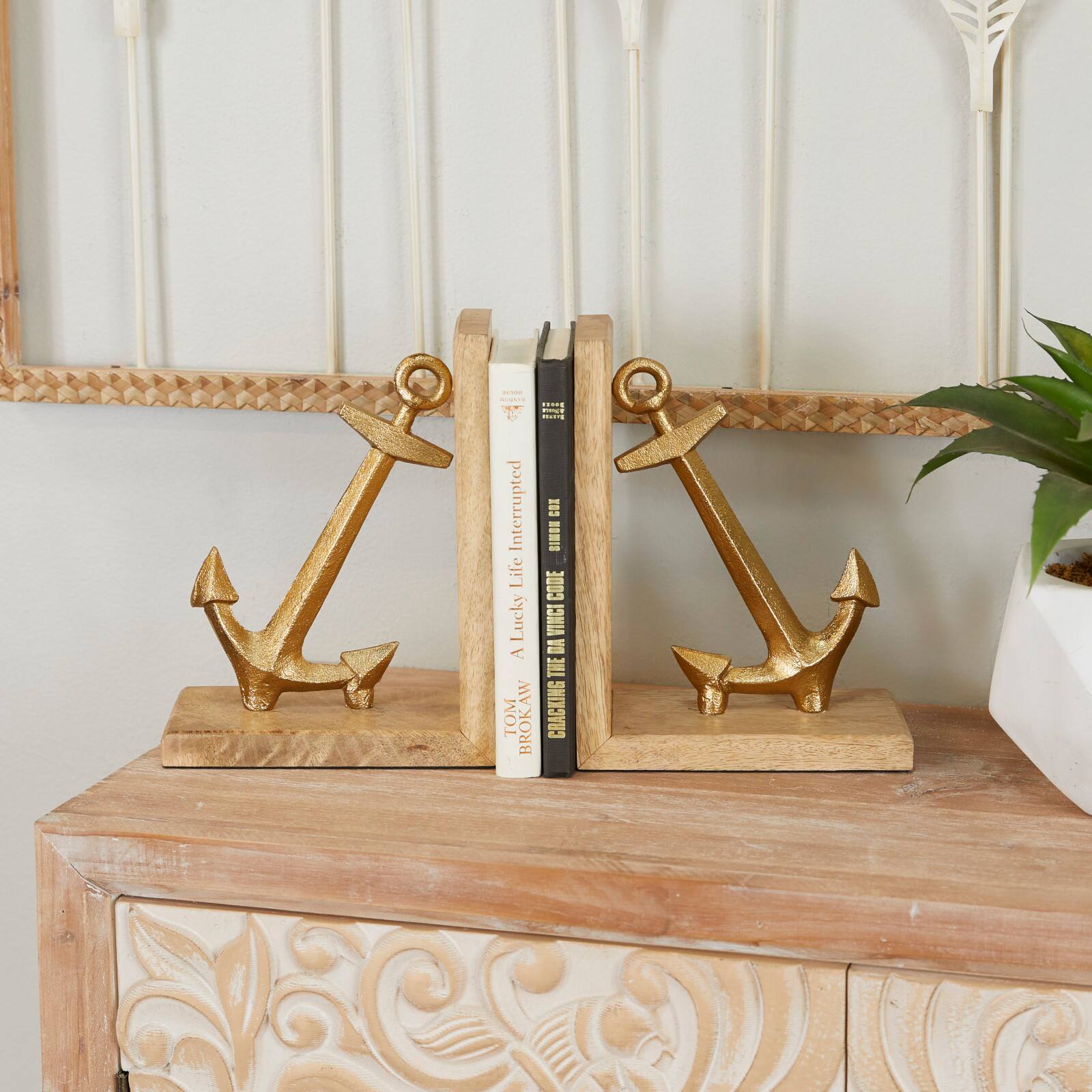 9&#x22; Gold Aluminum Anchor Bookends Set