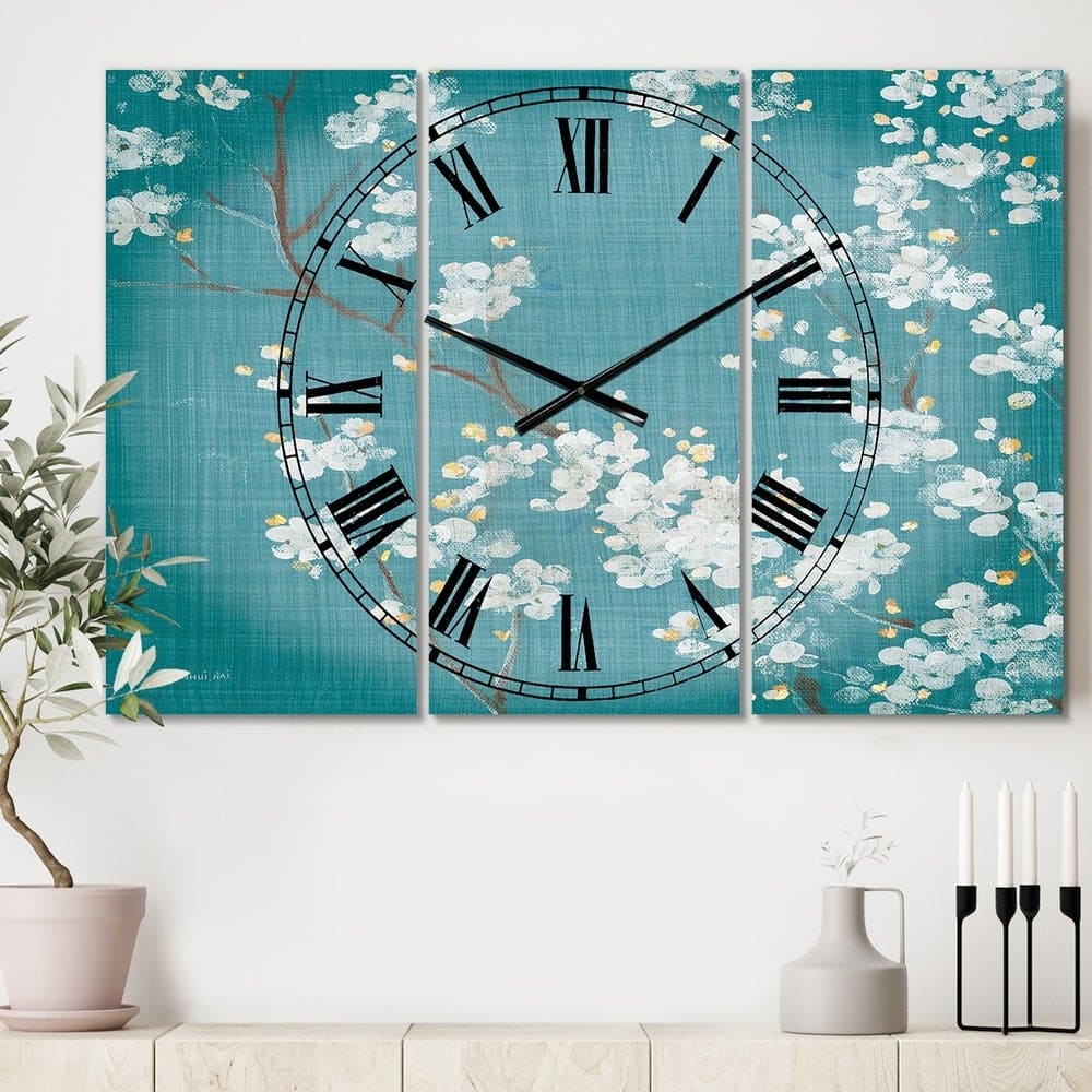 Designart Blue Cherry Blossoms I Lodge 3 Panel Wall Clock