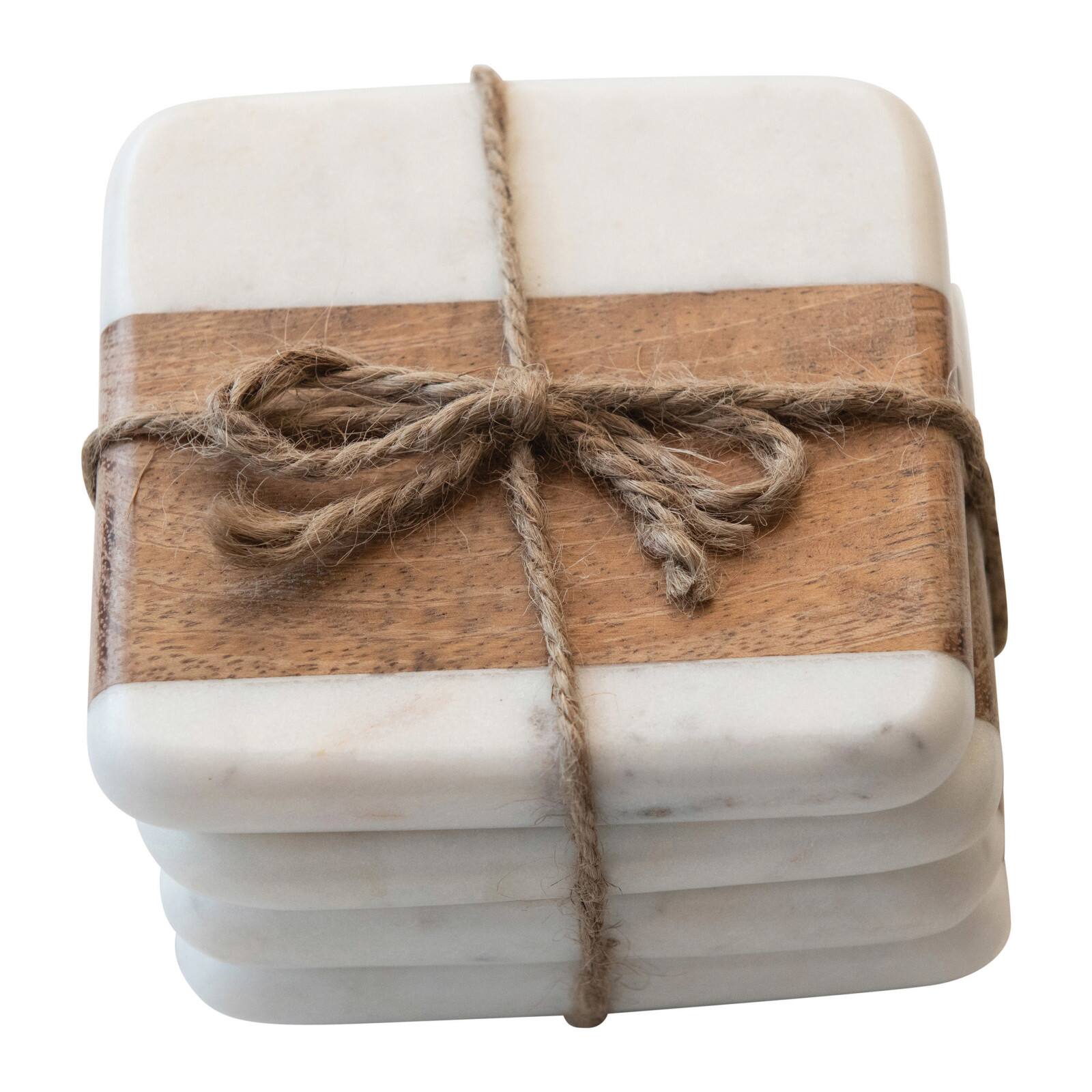 Hello Honey&#xAE; White Marble &#x26; Acacia Wood Coasters Set