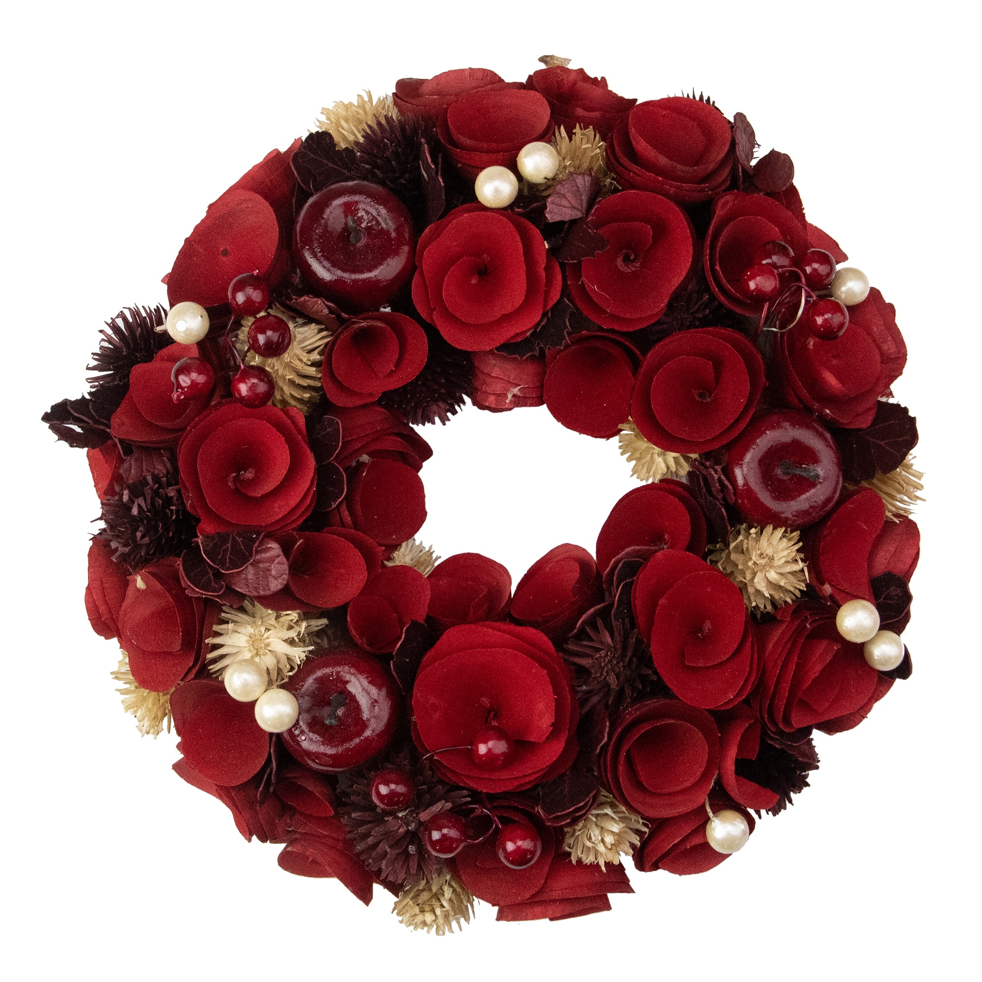 12&#x22; Unlit Red Wooden Rose Apple &#x26; Faux Pearl Artificial Valentines Wreath