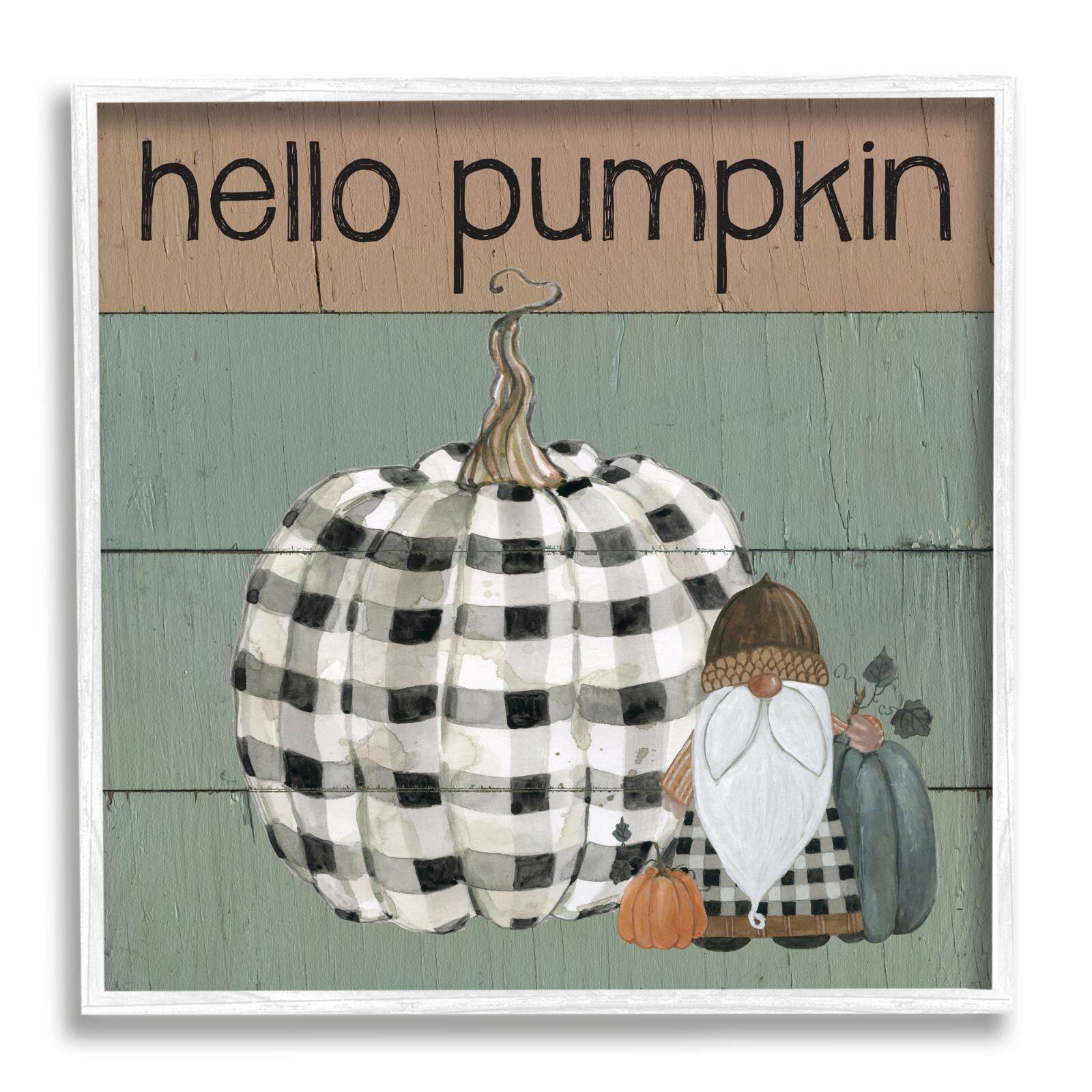 Stupell Industries Hello Pumpkin Rustic Greeting Patchwork Plaid Gnome Framed Wall Art