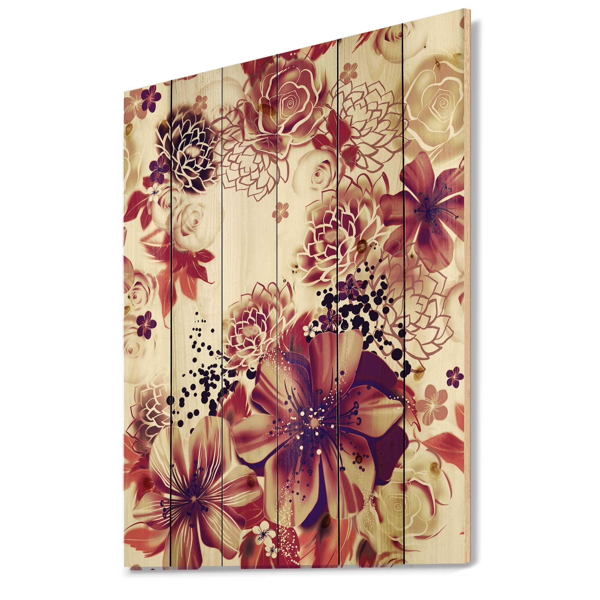 Designart - Pink and Yellow Flowers Retro - Traditional Print on Natural Pine Wood