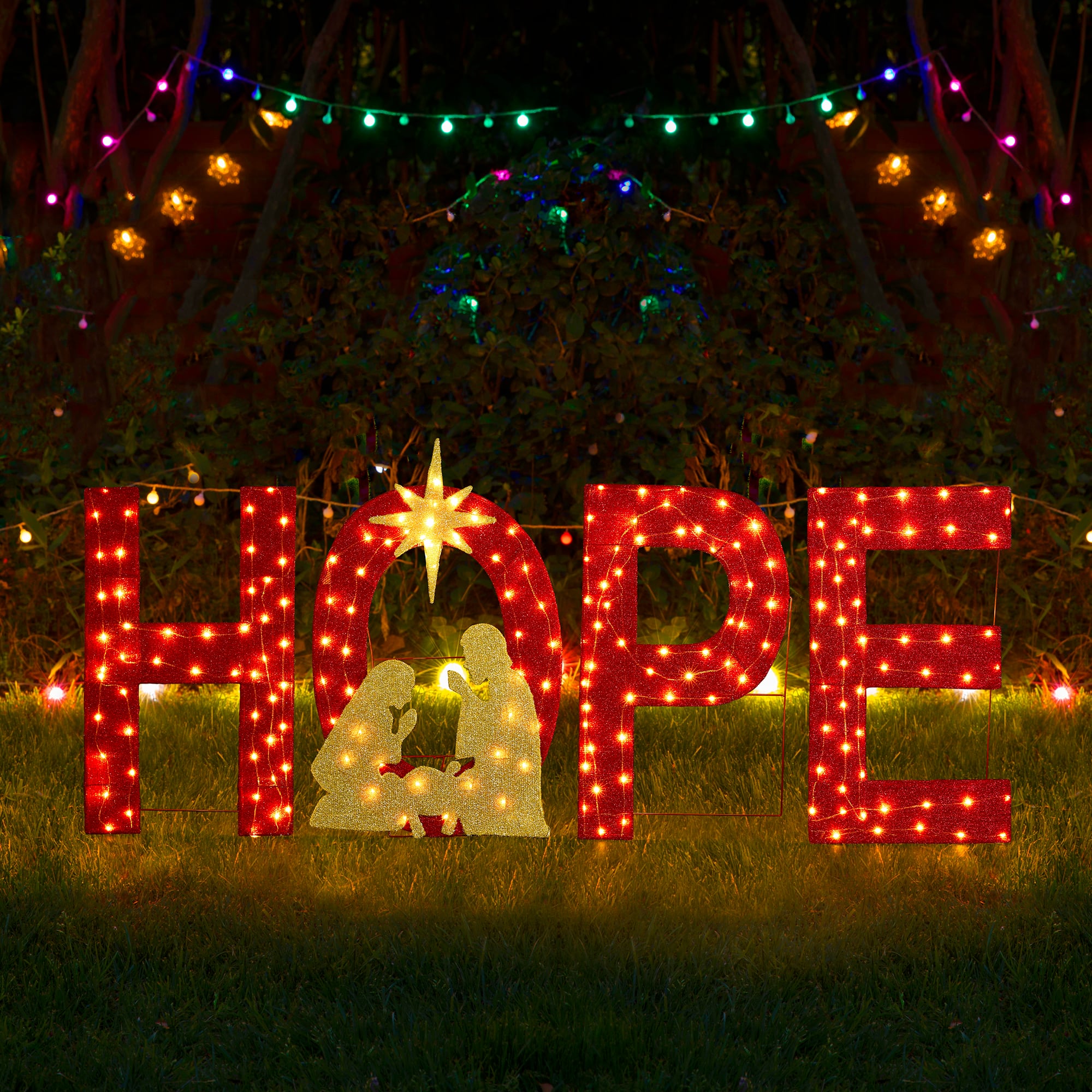 Glitzhome&#xAE; 80.75&#x22;L Lighted Christmas 2D Fabric Nativity HOPE Outdoor Decor Set