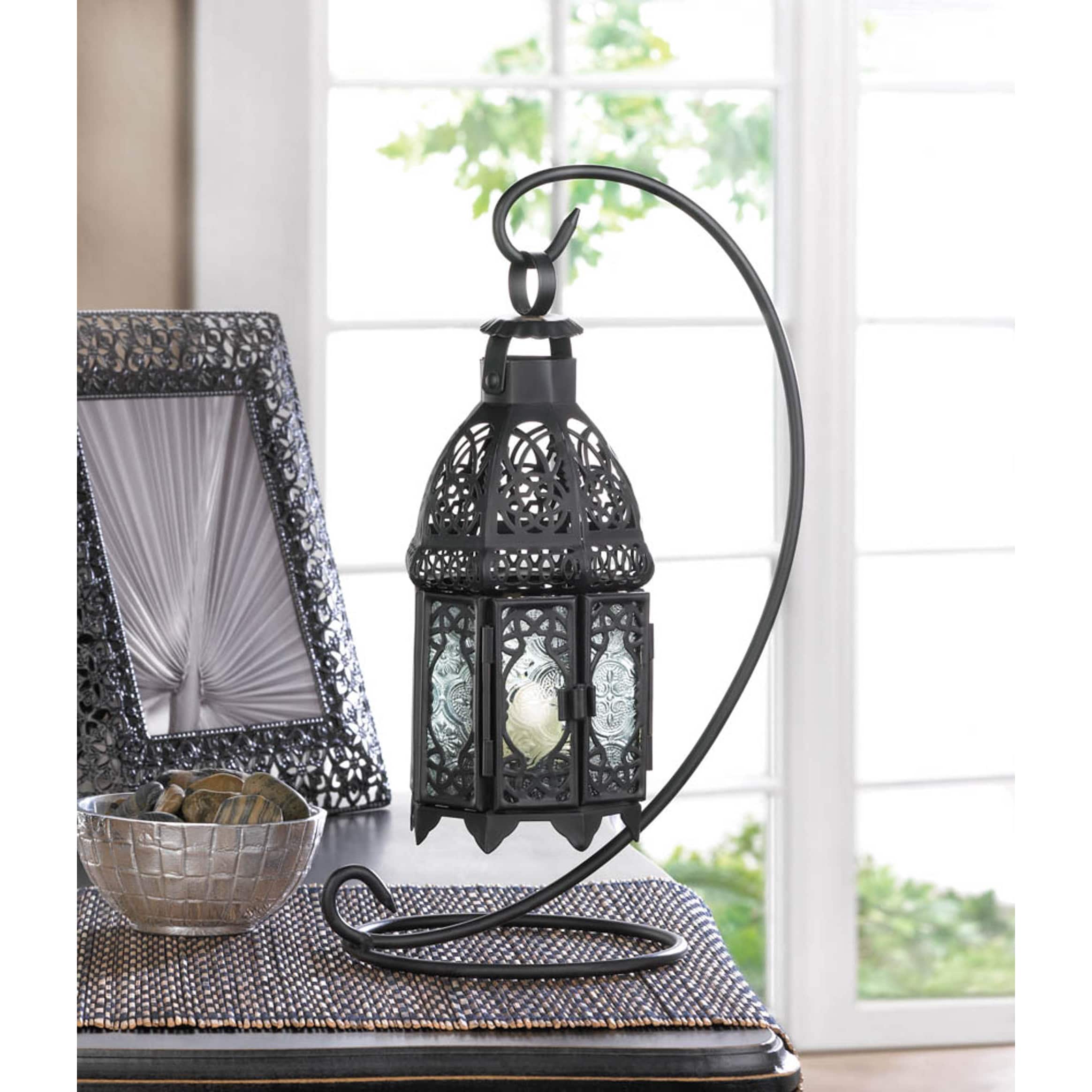 13&#x22; Curled Metal Stand with Black Moroccan Candle Lantern