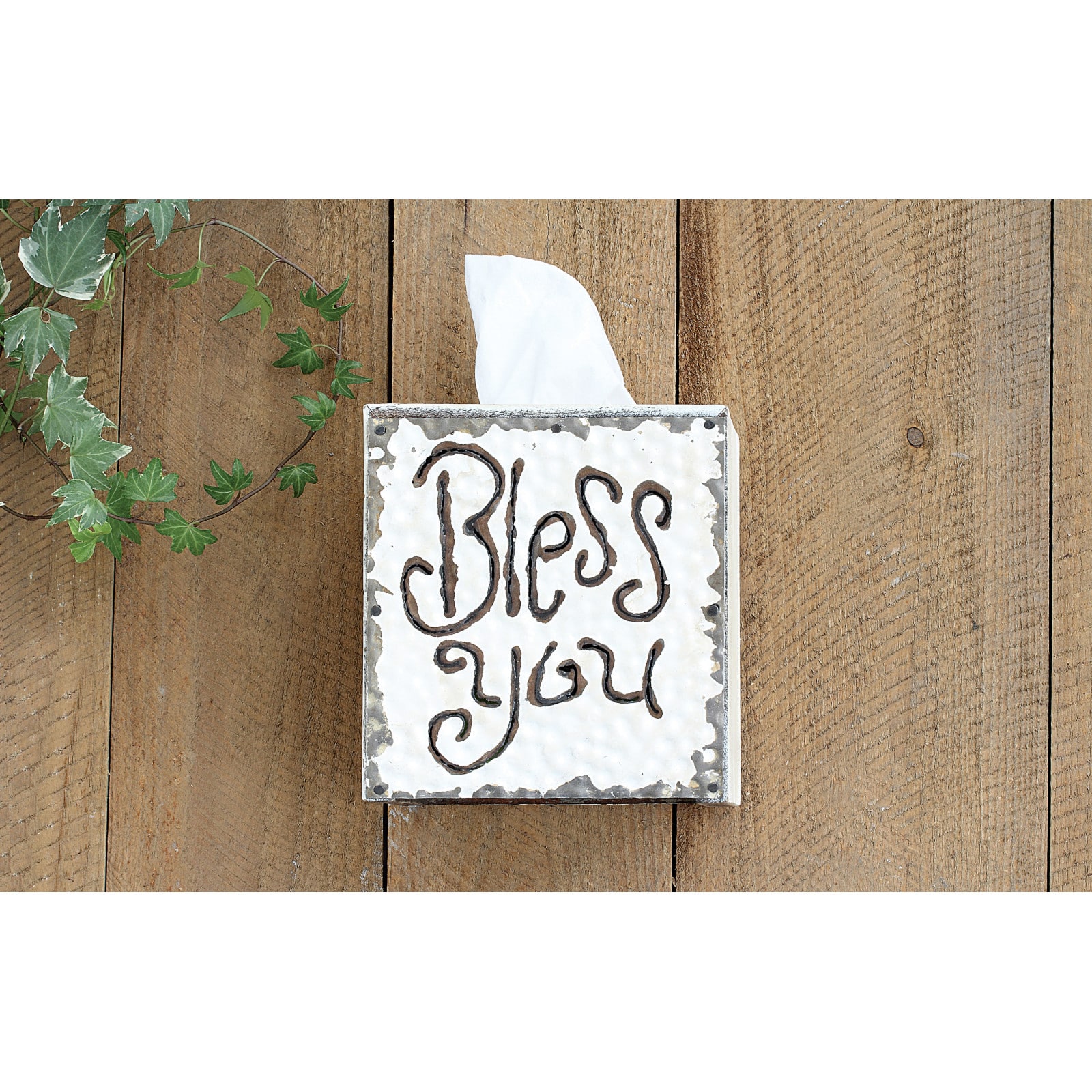 6.5&#x22; Wood &#x26; Metal &#x22;Bless You&#x22; Tissue Box Cover