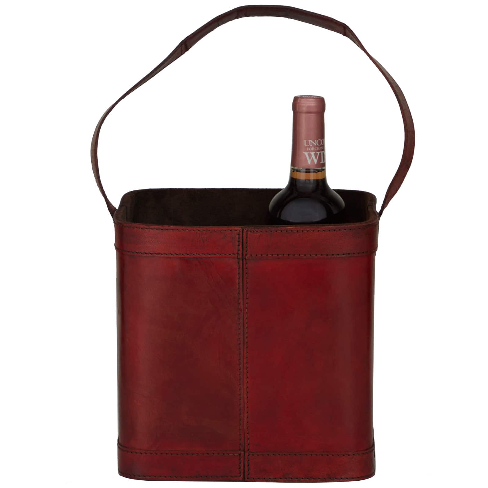 9&#x22; Red Leather 4-Bottle Wine Holder with Carrying Handle