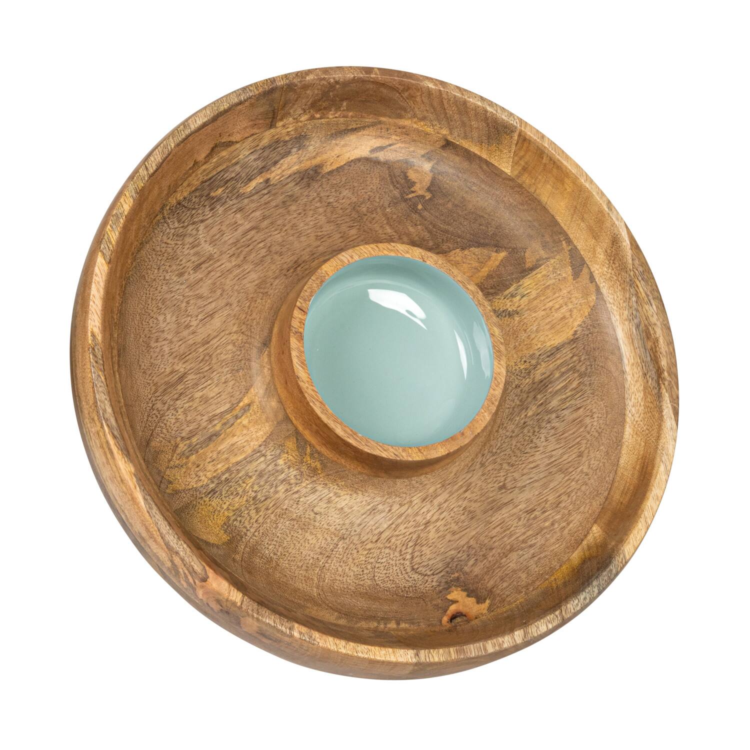 Hello Honey® 13.75" Mango Wood with Blue Enamel Center 2 Section Lazy Susan Server