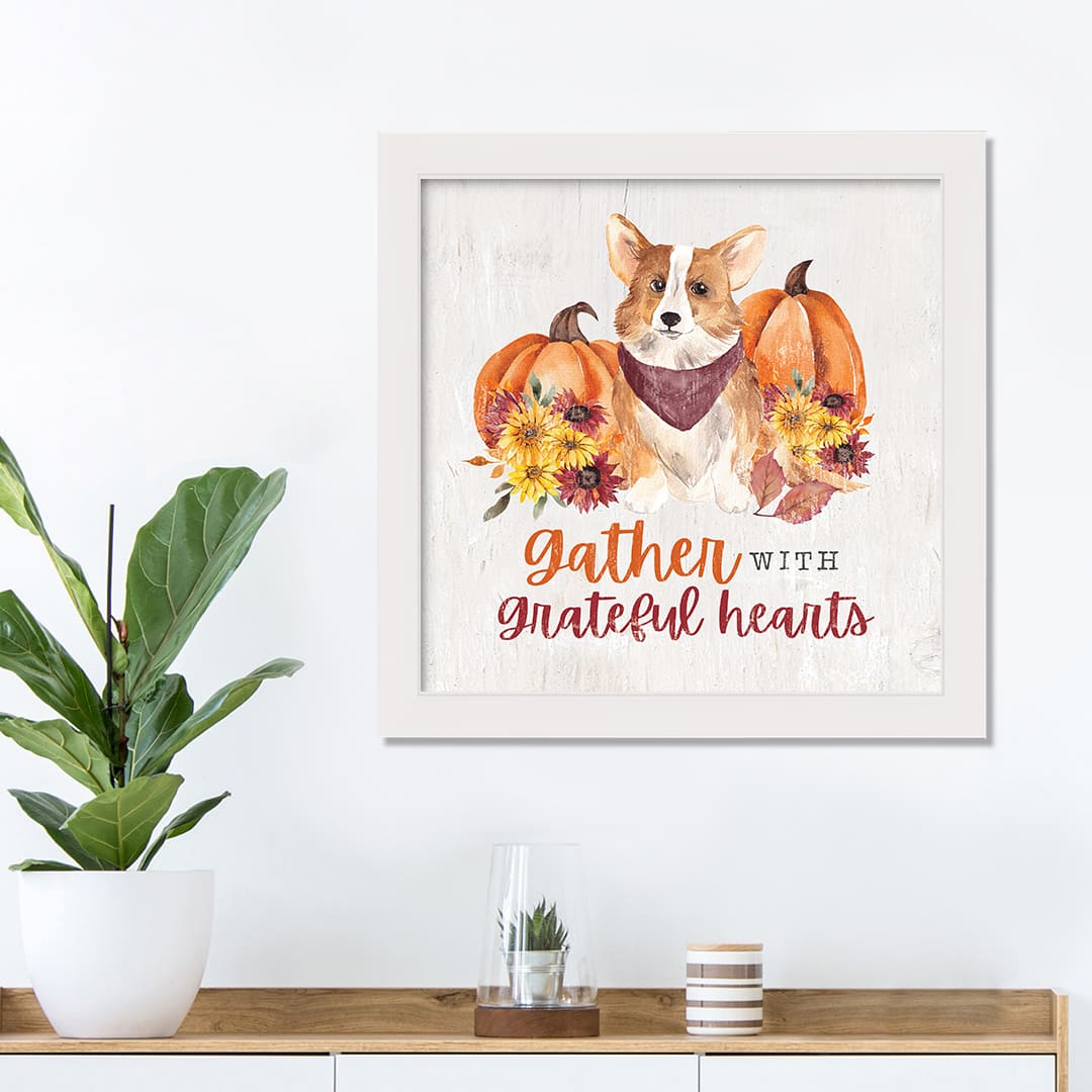 Fall Corgi White Framed Canvas Wall Hanging