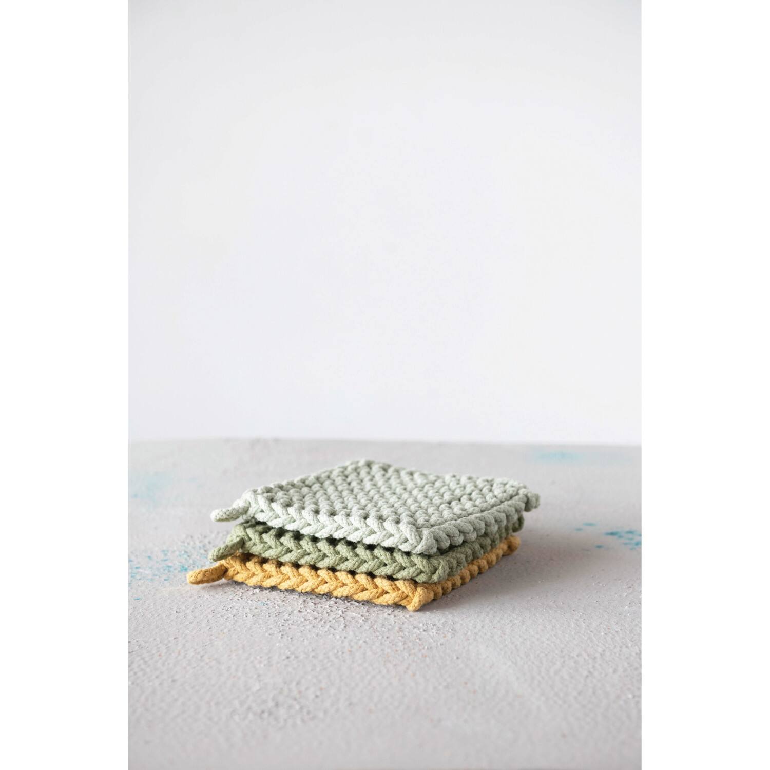 8&#x22; Yellow &#x26; Green Square Cotton Crocheted Pot Holder Set