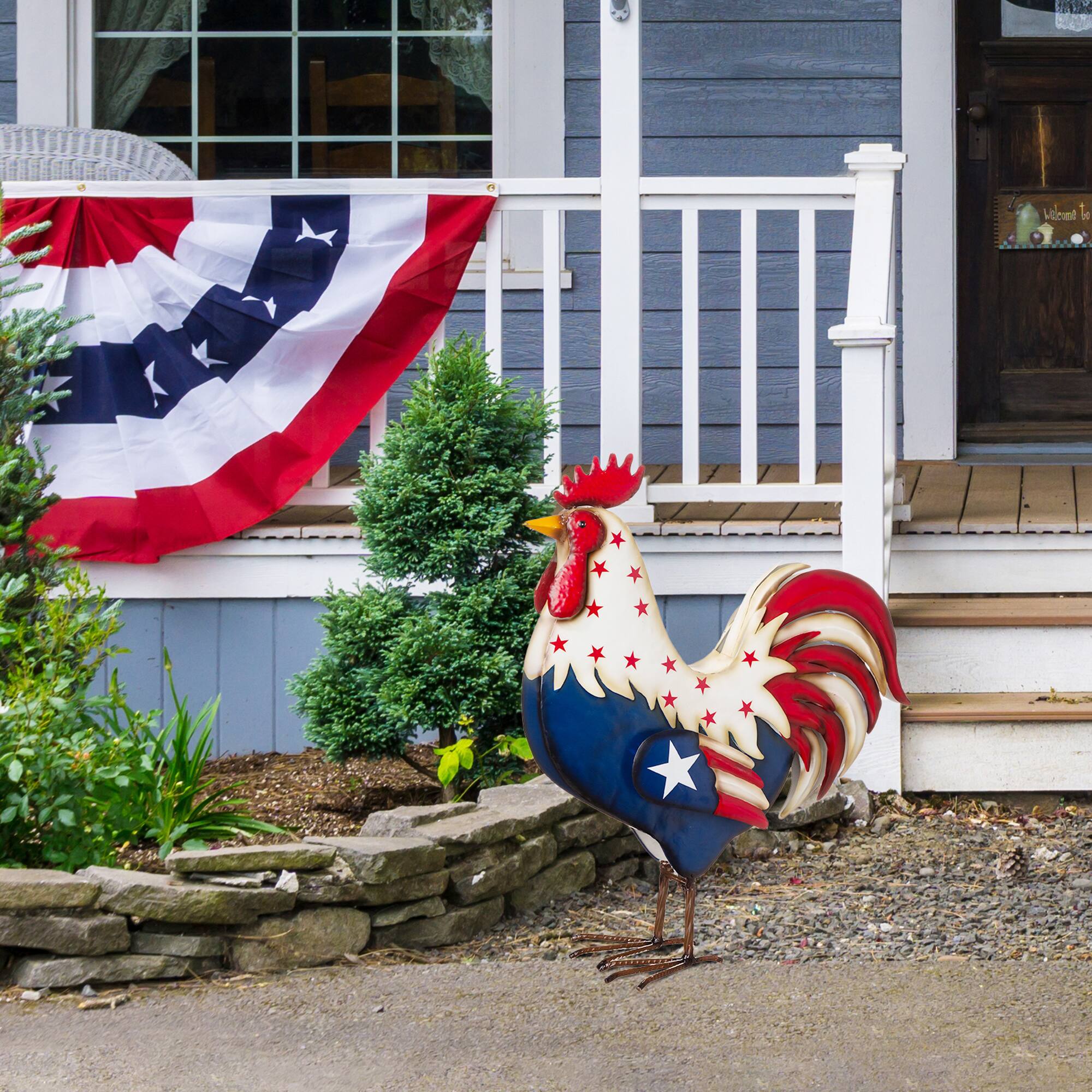 Glitzhome&#xAE; 21&#x22; Metal Patriotic Rooster Porch D&#xE9;cor