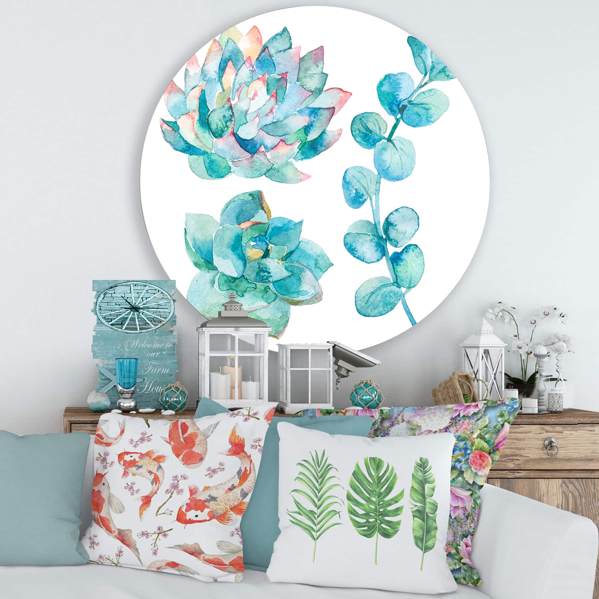 Designart - Eucalyptus Leaves and Succulents - Traditional Metal Circle Wall Art