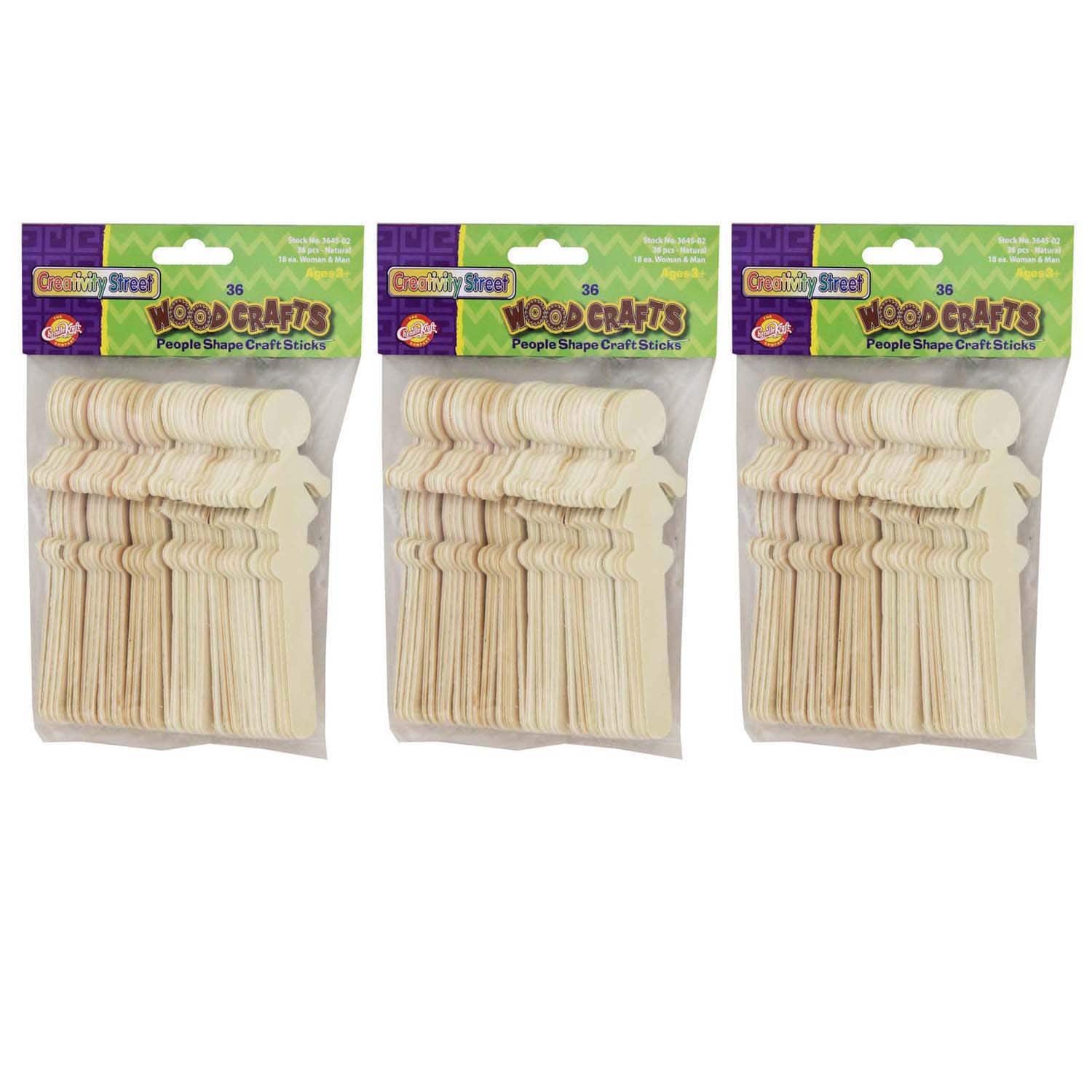 Creativity Street&#xAE; 5.5&#x22; Natural Wood People-Shaped Craft Sticks, 3 Packs of 36