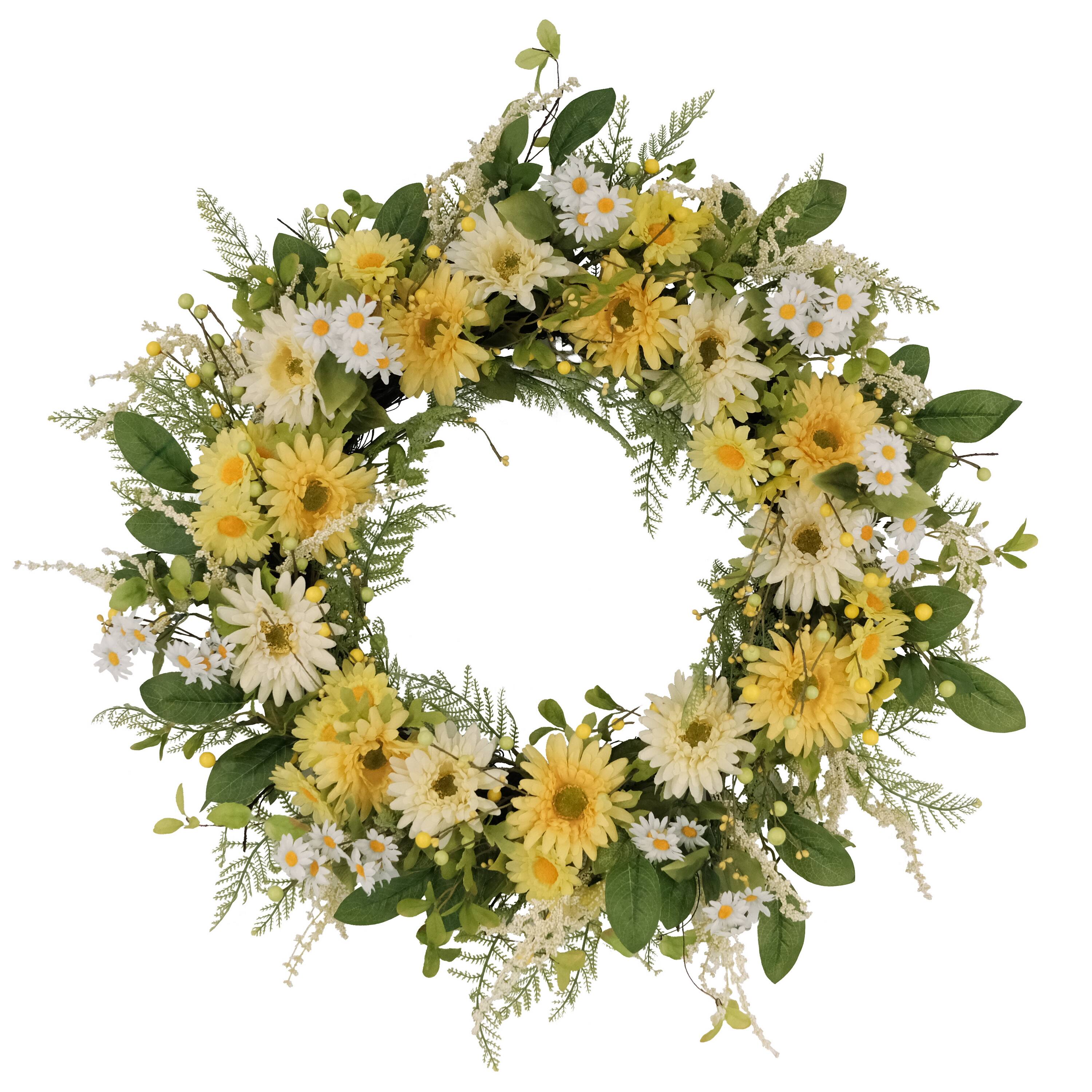 30&#x22; Yellow &#x26; White Mum &#x26; Daisy Floral Spring Wreath