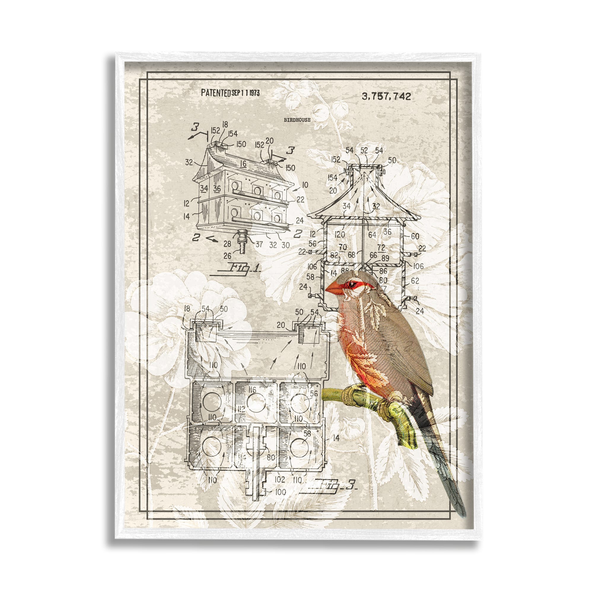 Stupell Industries Vintage Bird House Figure Patent Garden Finch Illustration Framed Wall Art